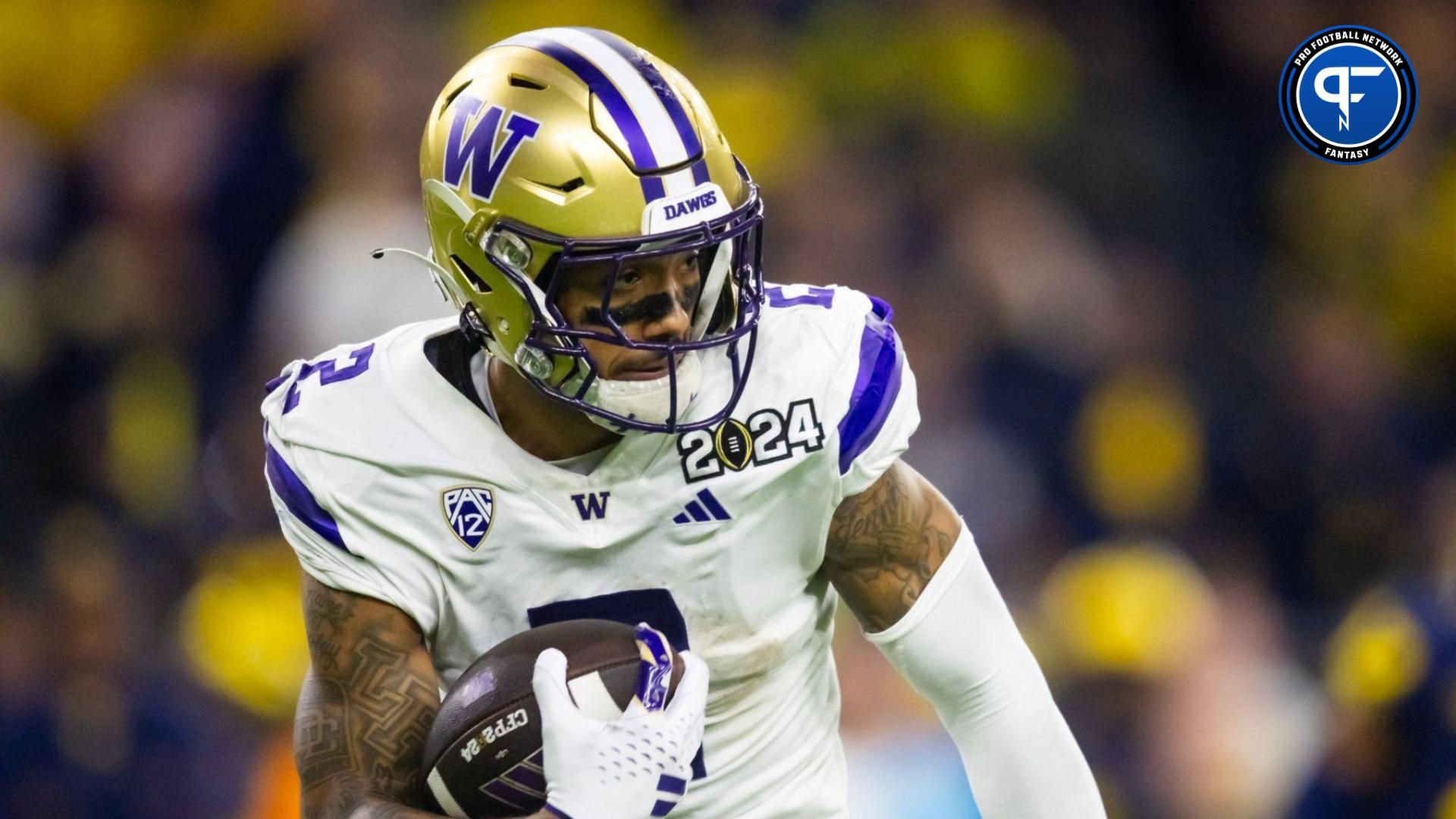 Washington Huskies wide receiver Ja'Lynn Polk (2) against the Michigan Wolverines during the 2024 College Football Playoff national championship game at NRG Stadium.