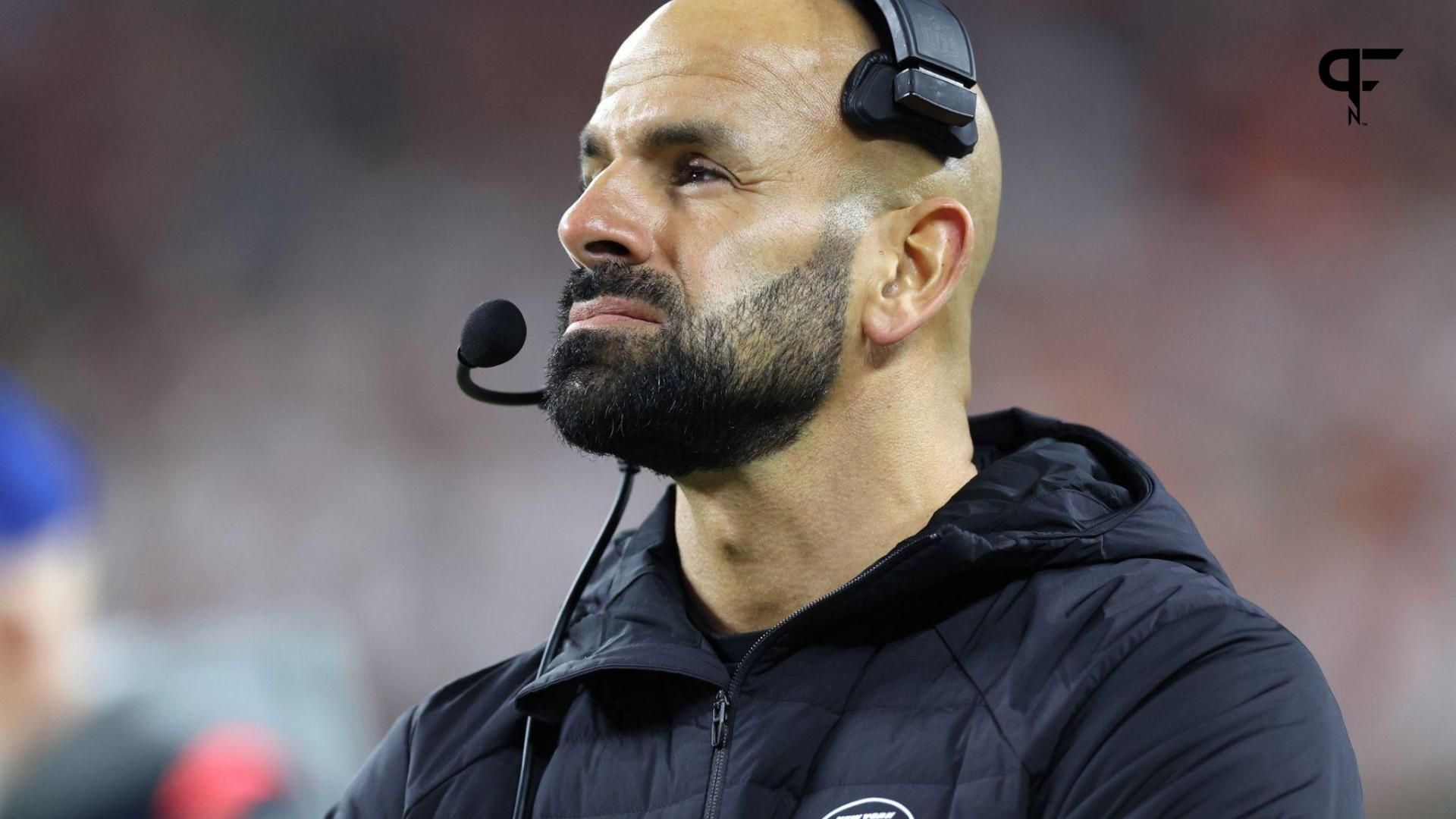 New York Jets head coach Robert Saleh looks on during the second half against the Cleveland Browns at Cleveland Browns Stadium.