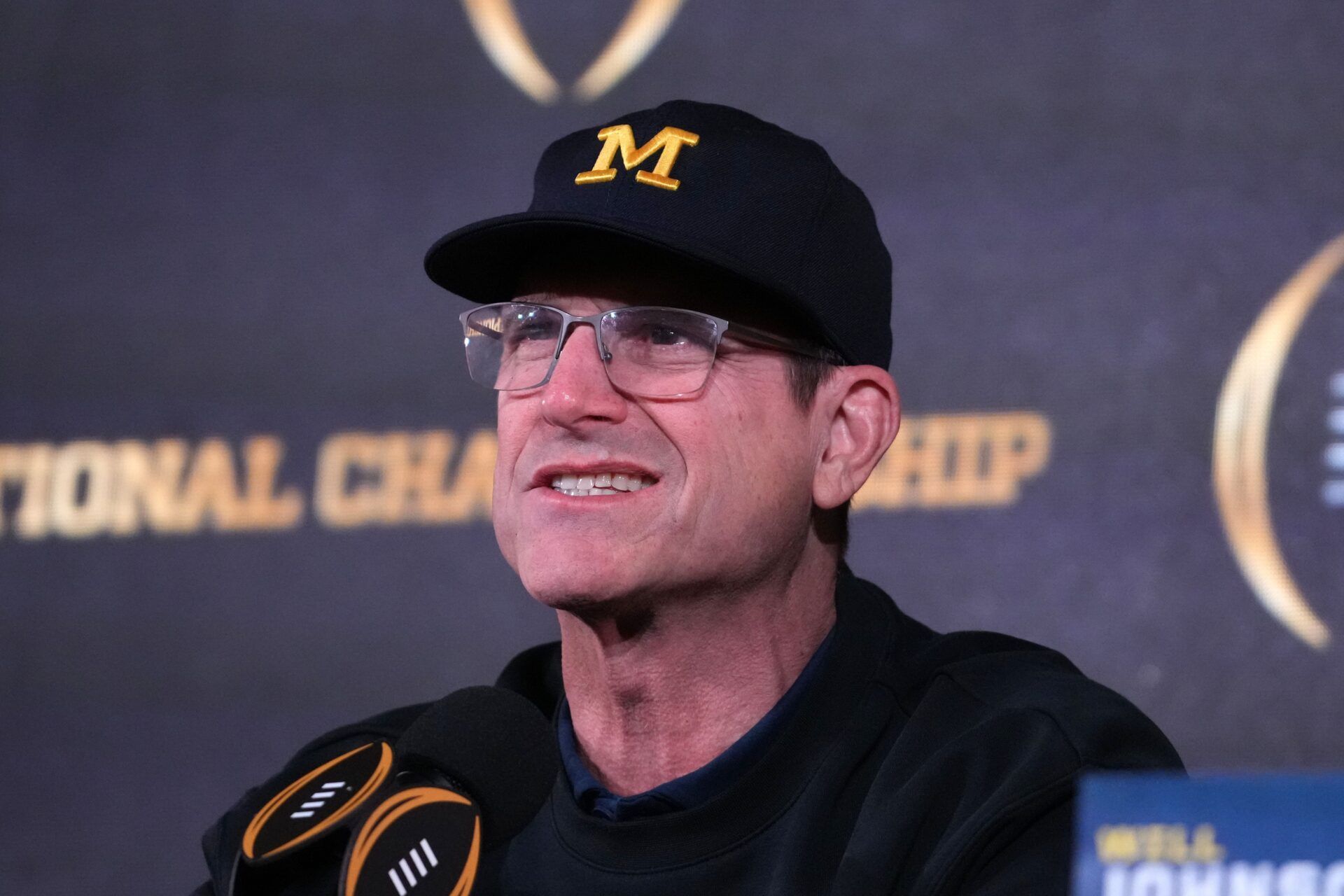 Michigan Wolverines head coach Jim Harbaugh during the College Football National Championship press conference.