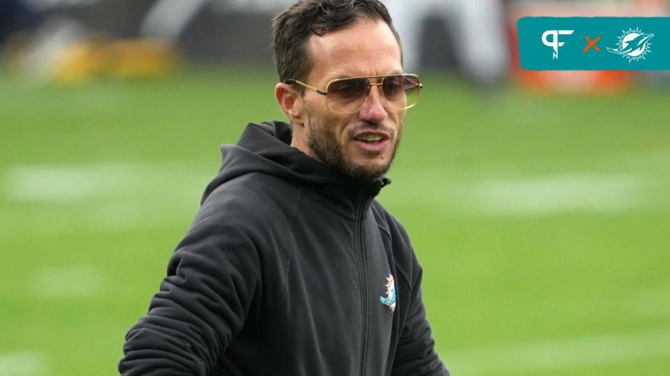 Miami Dolphins head coach Mike McDaniel reacts during practice at the PSD Bank Arena.