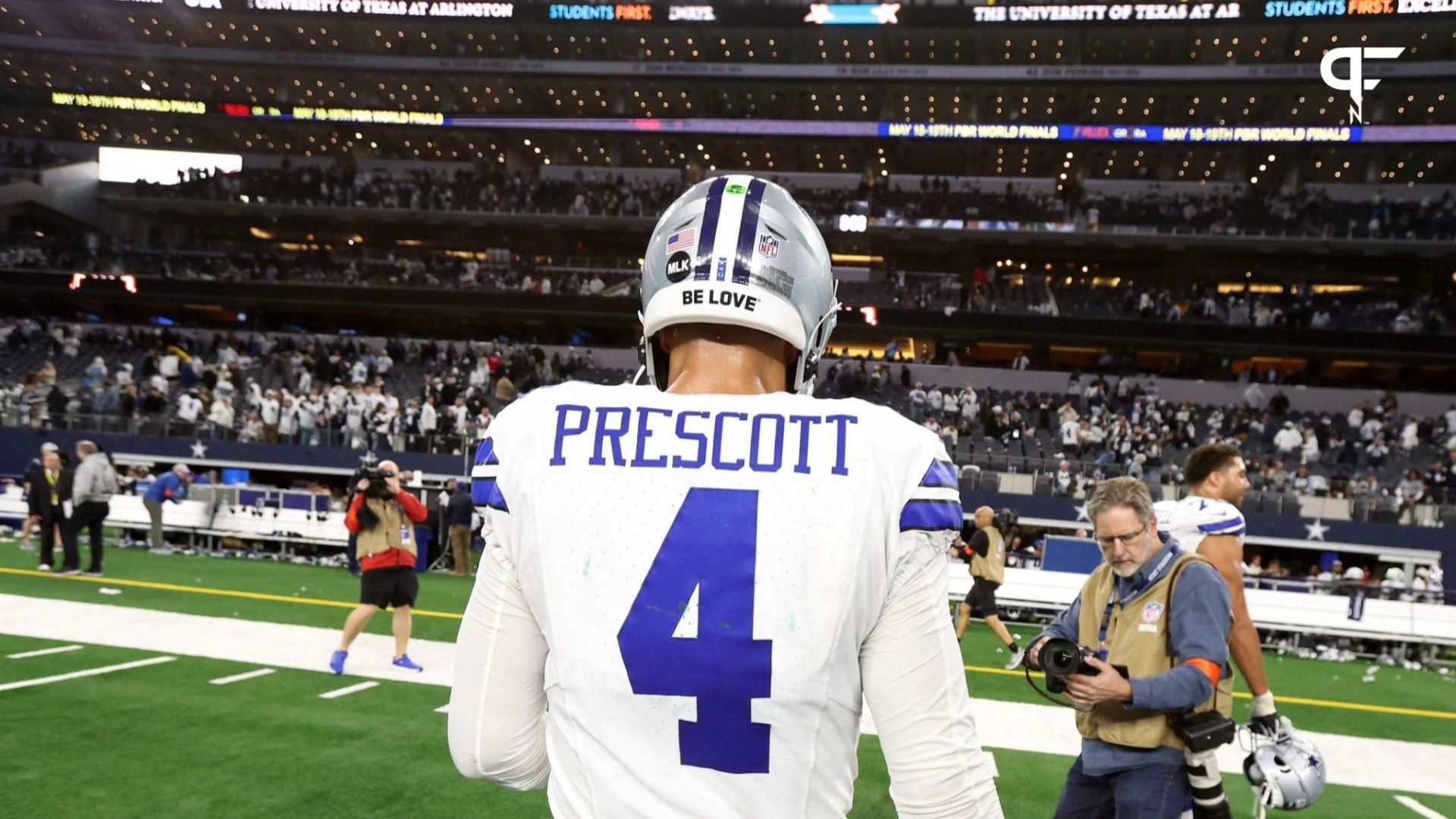 Dallas Cowboys quarterback Dak Prescott (4) walks off the field after losing in the 2024 NFC Wild Card game against the Green Bay Packers at AT&T Stadium.