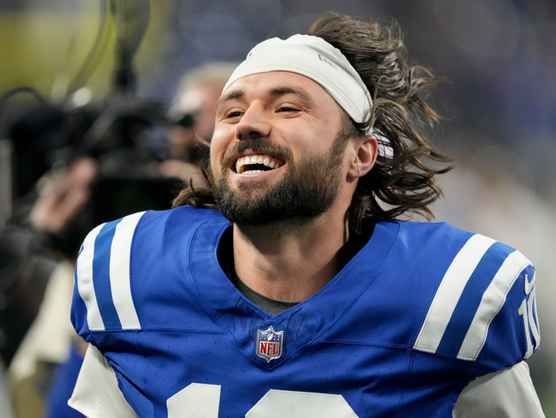 Indianapolis Colts quarterback Gardner Minshew II (10) smiles as he leaves the field Sunday, Dec. 31, 2023, after beating the Las Vegas Raiders at Lucas Oil Stadium in Indianapolis.