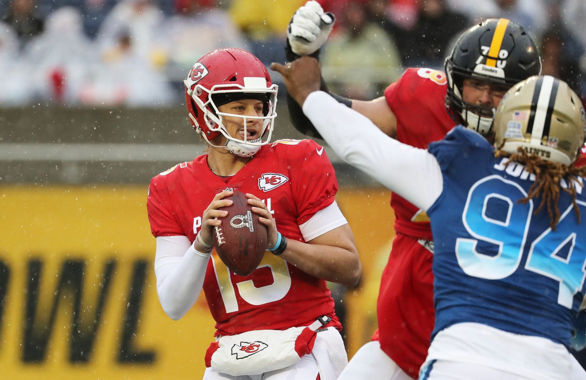 AFC quarterback Patrick Mahomes (15) drops back during the first half in the NFL Pro Bowl football game at Camping World Stadium.