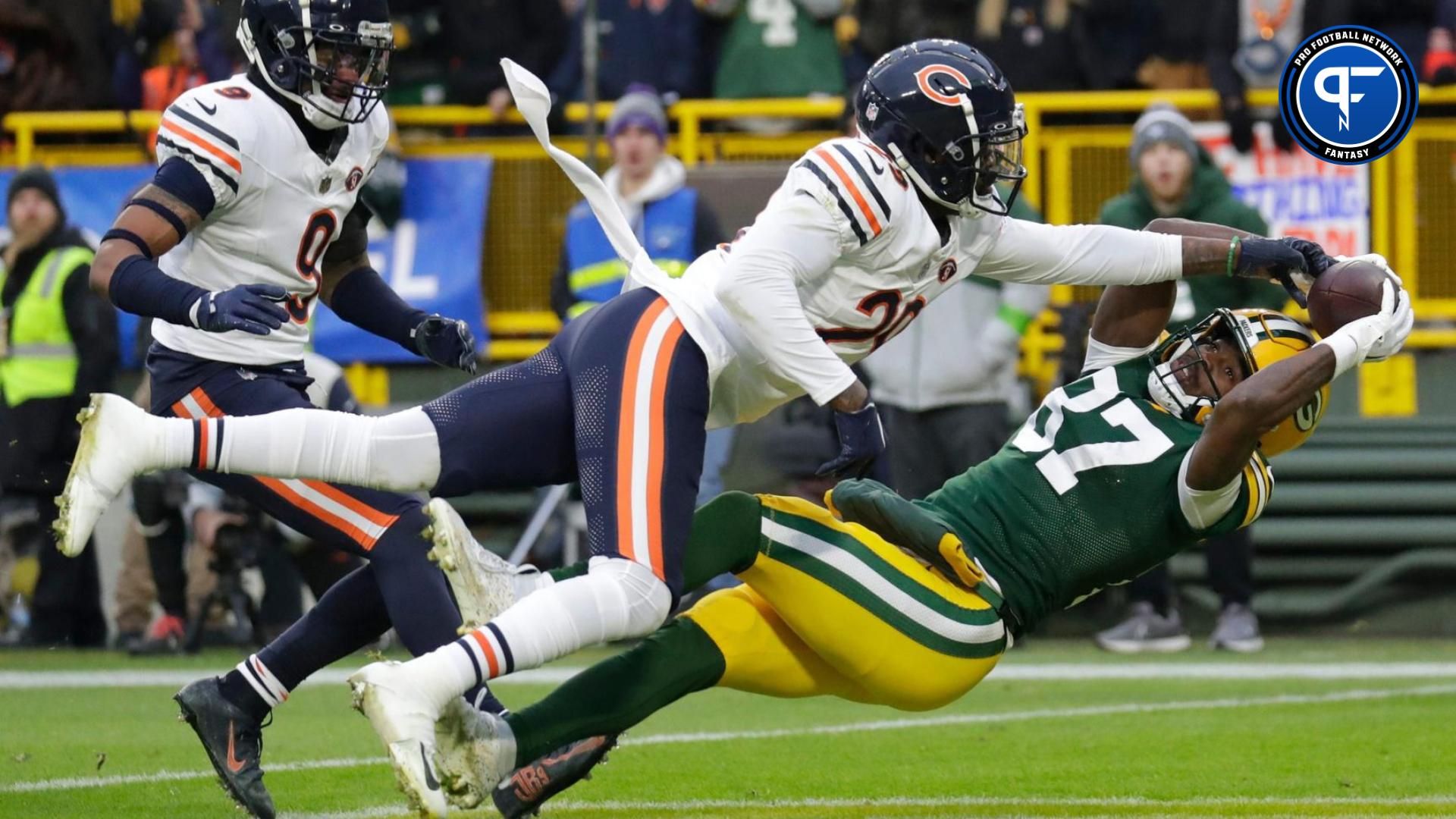 Chicago Bears cornerback Tyrique Stevenson (29) breaks up a potential touchdown reception against Green Bay Packers wide receiver Romeo Doubs (87) in the first half during their football game Sunday, January 7, 2024, in Green Bay, Wisconsin.