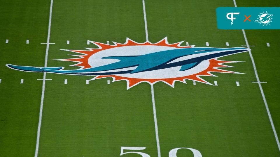 A general view of the Miami Dolphins logo painted on the field at Hard Rock Stadium prior to the game between the Miami Dolphins and the Buffalo Bills.