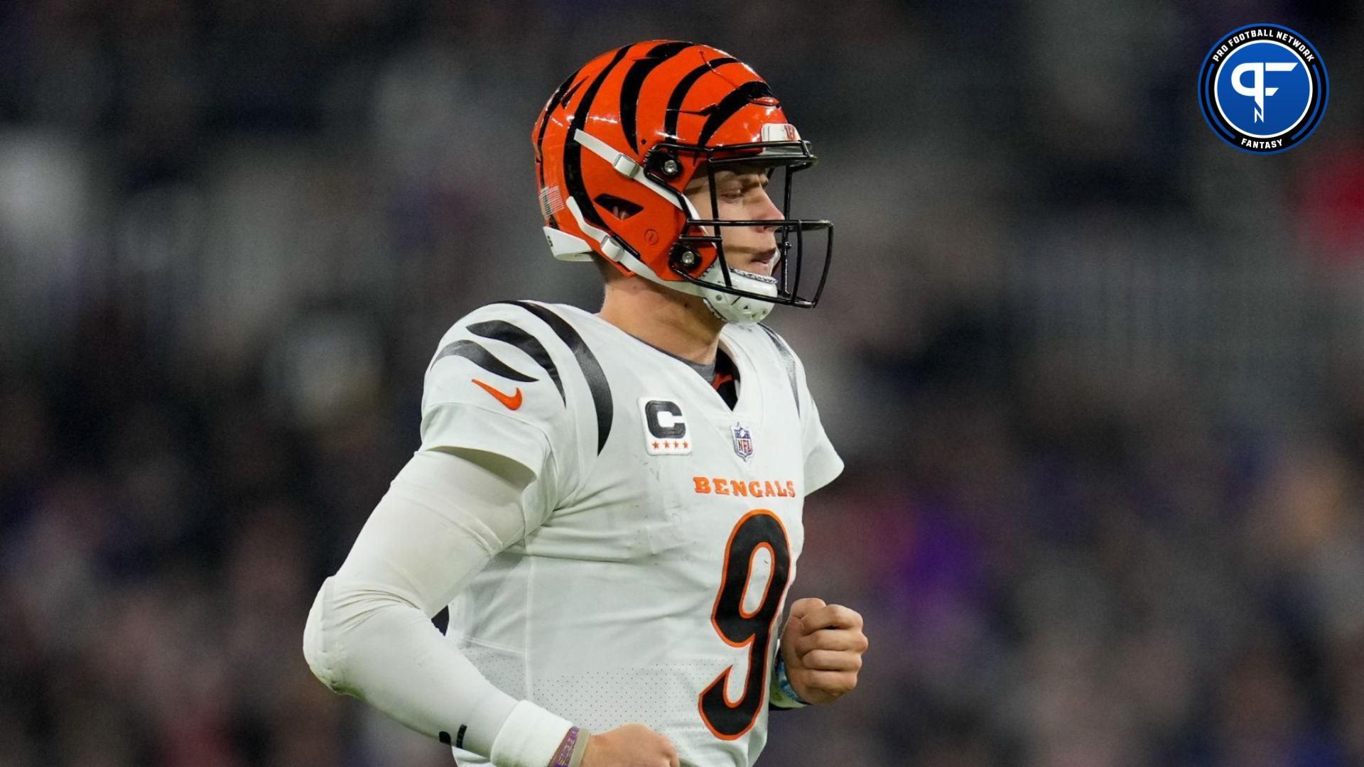 Cincinnati Bengals quarterback Joe Burrow (9) runs on the field at the Bengals offense takes over in the second quarter against the Baltimore Ravens at M&T Bank Stadium.