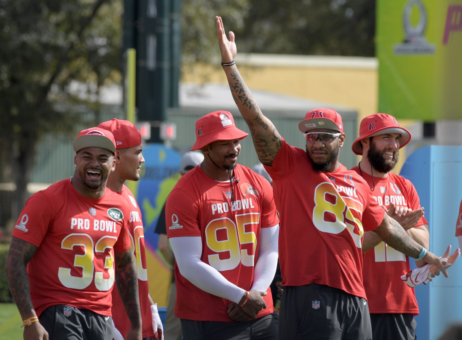 New York Jets safety Jamal Adams (33) and Cleveland Browns defensive end Myles Garrett (95) and Indianapolis Colts tight end Eric Ebron (85) and quarterback Andrew Luck (12) react during the Pro Bowl Skills Challenge at ESPN Wide World of Sports Complex.