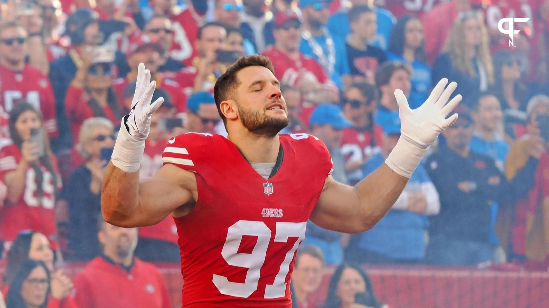 San Francisco 49ers defensive end Nick Bosa (97) is introduced before the NFC Championship football game against the Detroit Lions at Levi's Stadium.