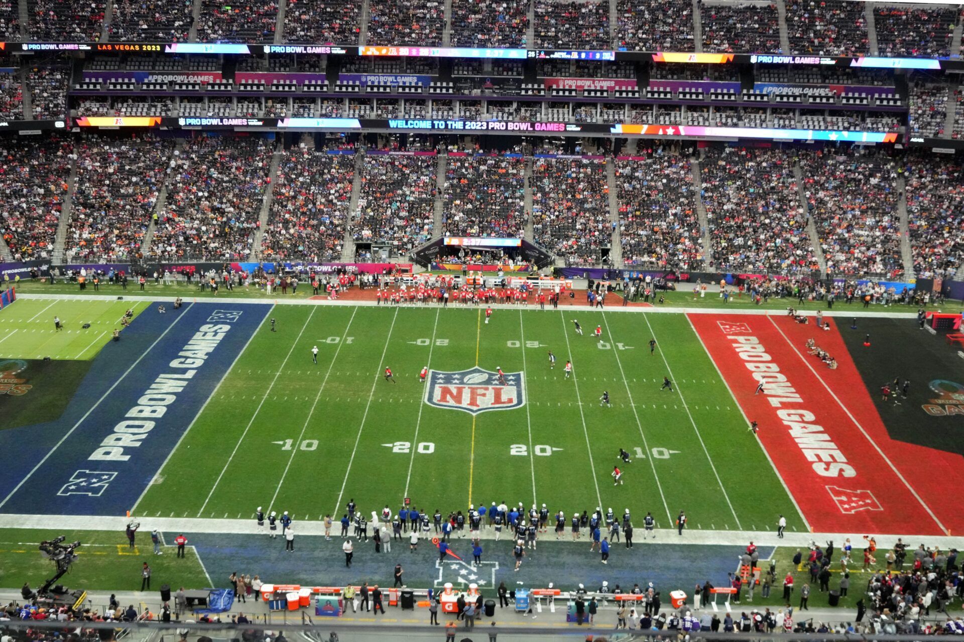 A general overall view of the Pro Bowl Games flag football field at Allegiant Stadium.