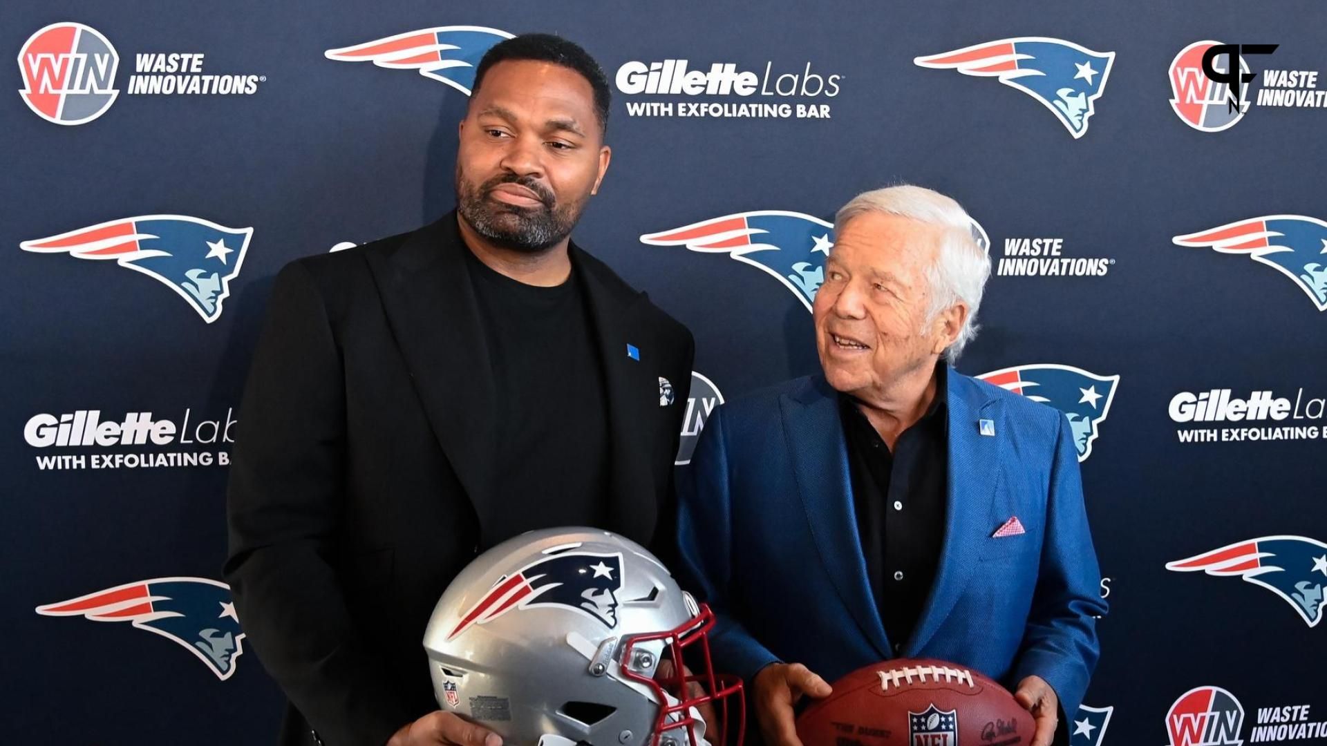 New England Patriots head coach Jerod Mayo (L) and owner Robert Kraft pose for photos after a press conference announcing Mayo's hiring as the team's head coach at Gillette Stadium.