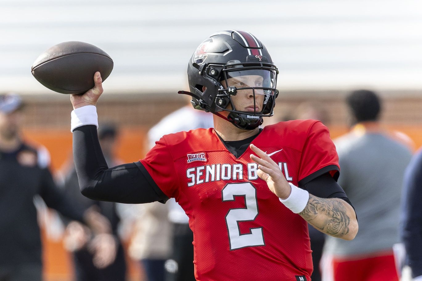 American quarterback Spencer Rattler of South Carolina (2) throws the ball during practice for the American team at Hancock Whitney Stadium.