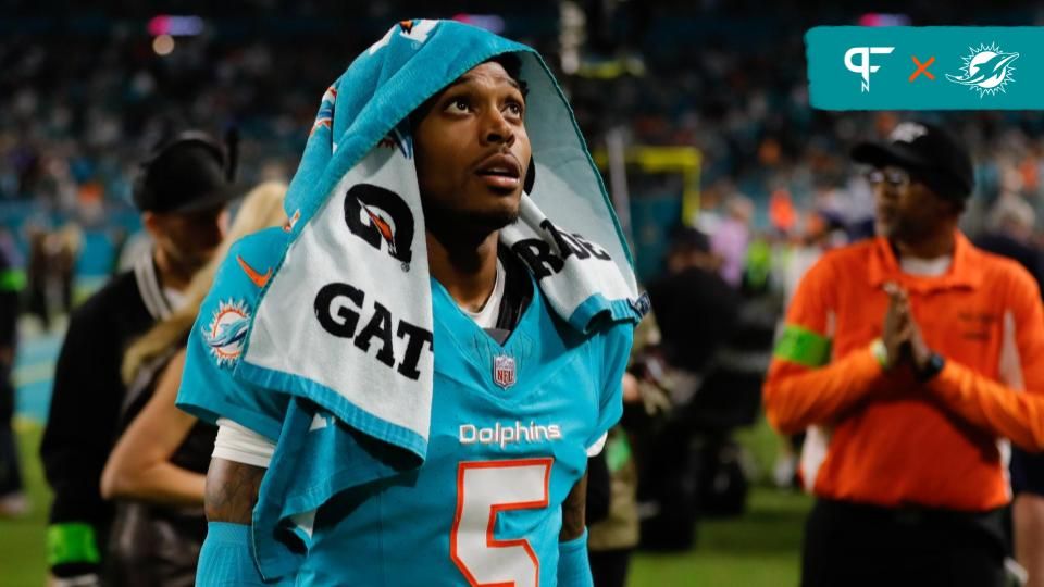 Miami Dolphins cornerback Jalen Ramsey (5) looks on as he walks toward the locker room against the Tennessee Titans during halftime at Hard Rock Stadium.