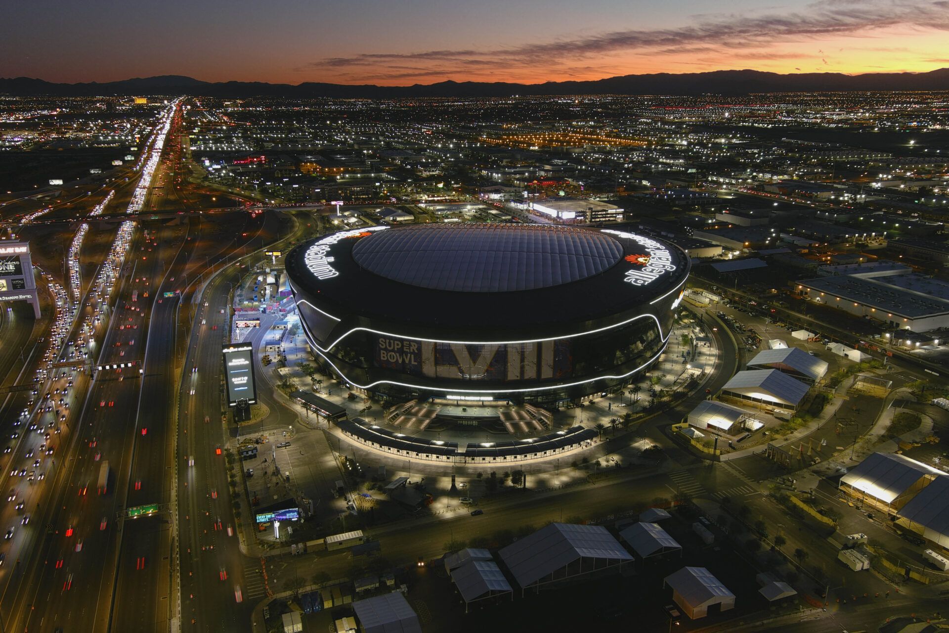 A general overall view of Allegiant Stadium, the site of Super Bowl LVIII between the San Francisco 49ers and Kansas City Chiefs.