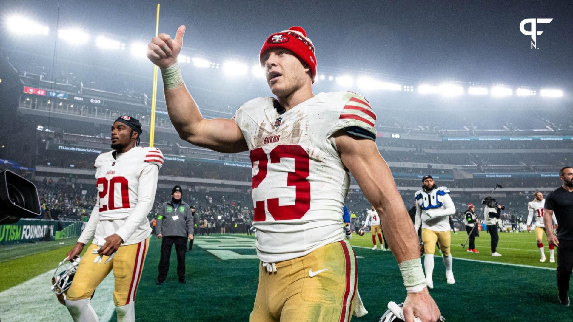 San Francisco 49ers running back Christian McCaffrey (23) reacts as he walks off the field after a victory against the Philadelphia Eagles at Lincoln Financial Field.