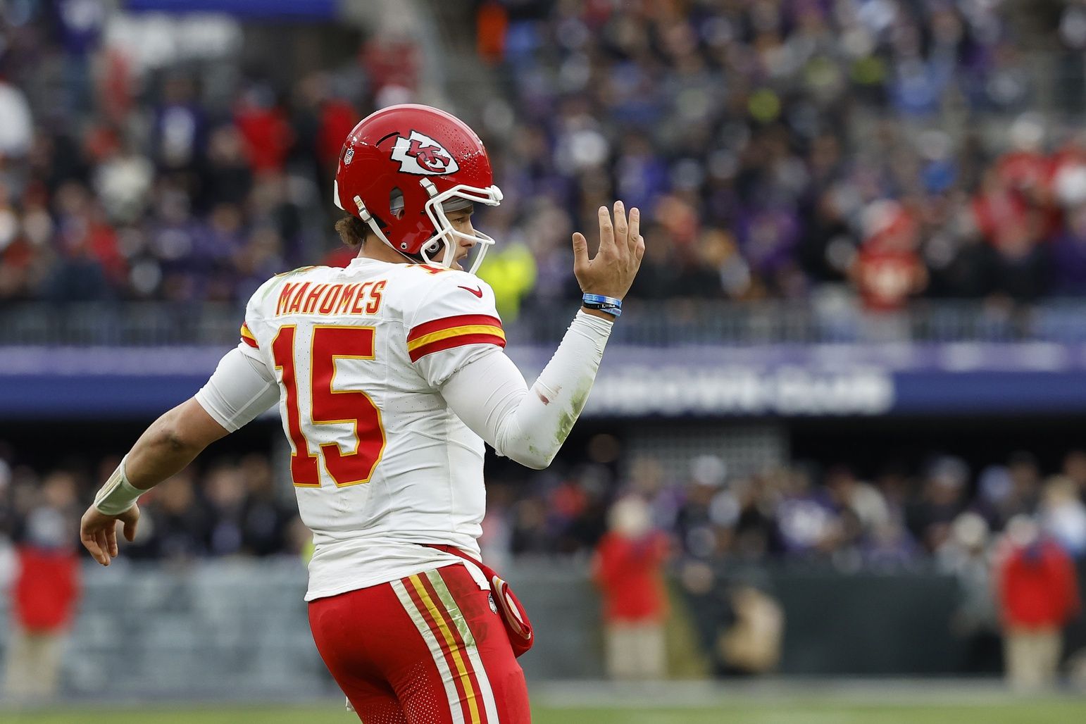 Chiefs quarterback Patrick Mahomes (15) reacts on the field against the Baltimore Ravens during the first half in the AFC Championship football game at M&T Bank Stadium.