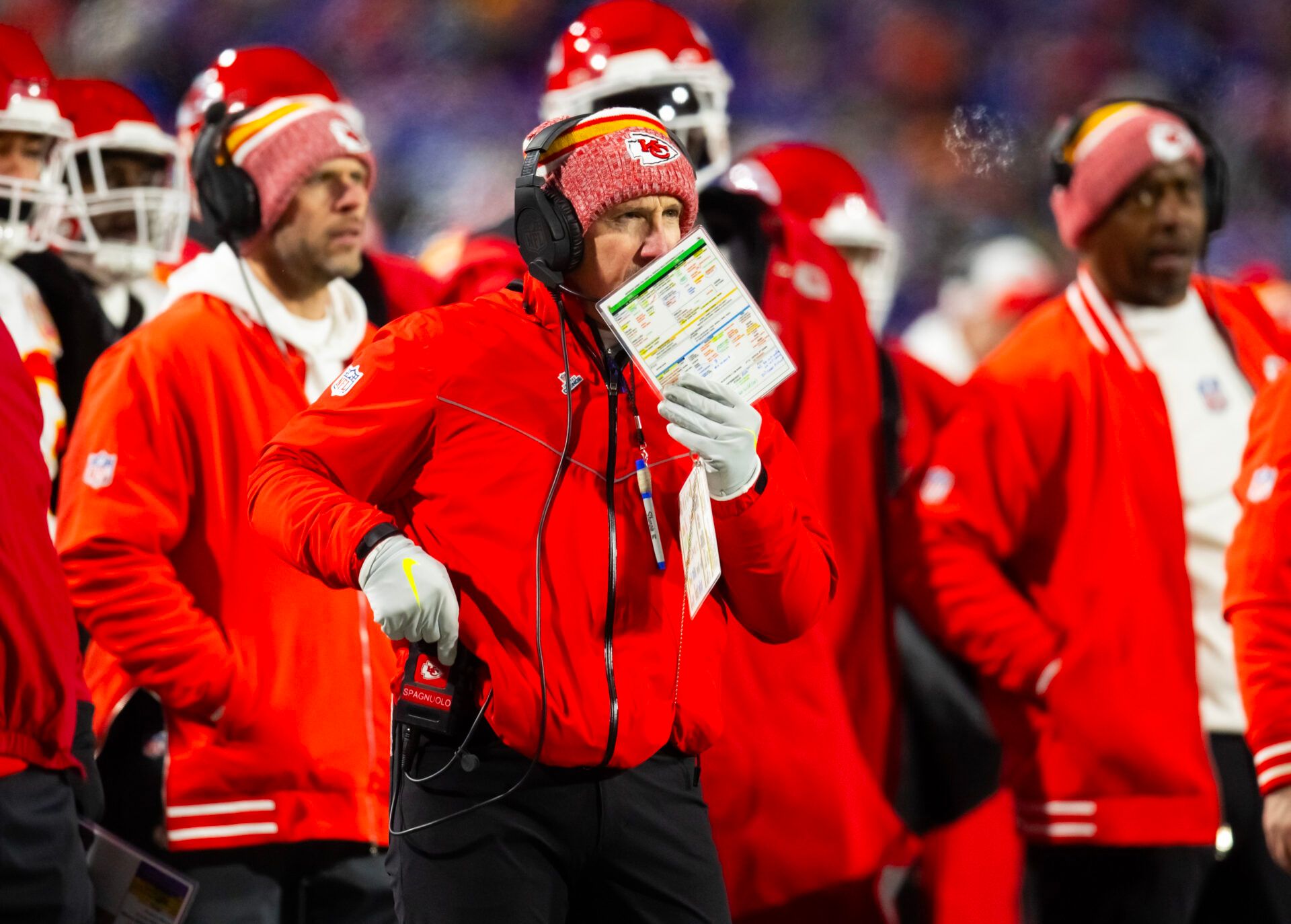 Kansas City Chiefs defensive coordinator Steve Spagnuolo during the first half for the 2024 AFC divisional round game at Highmark Stadium.