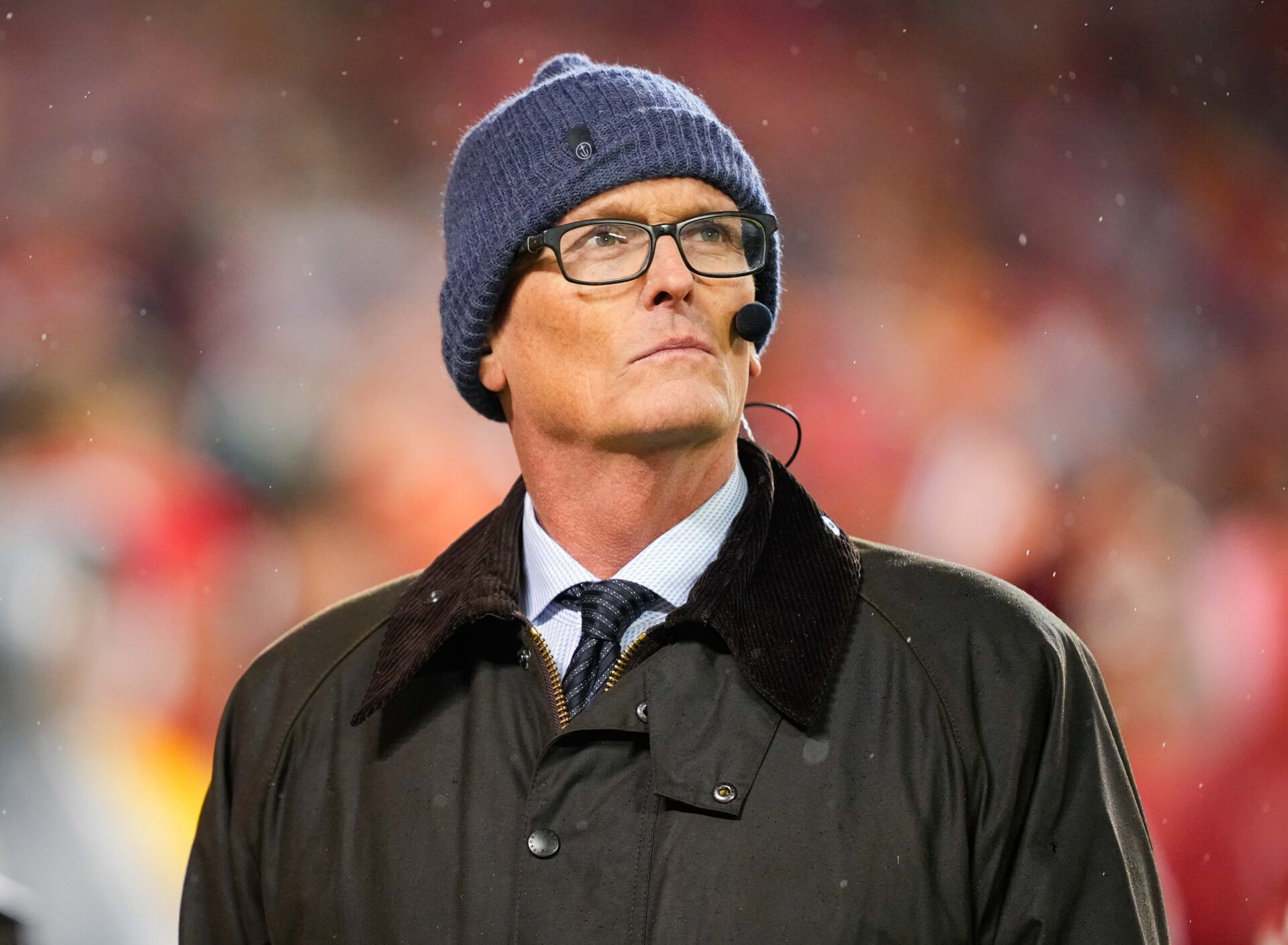 Sports broadcaster Scott Van Pelt looks on during the second half between the Philadelphia Eagles and the Kansas City Chiefs at GEHA Field at Arrowhead Stadium.