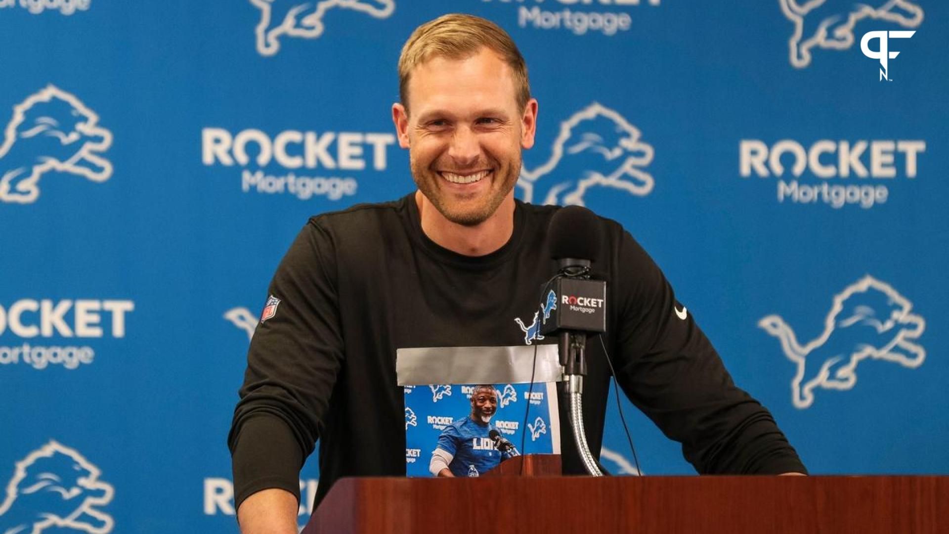 Detroit Lions offensive coordinator Ben Johnson answers a question during availability before OTAs at Detroit Lions headquarters in Allen Park.