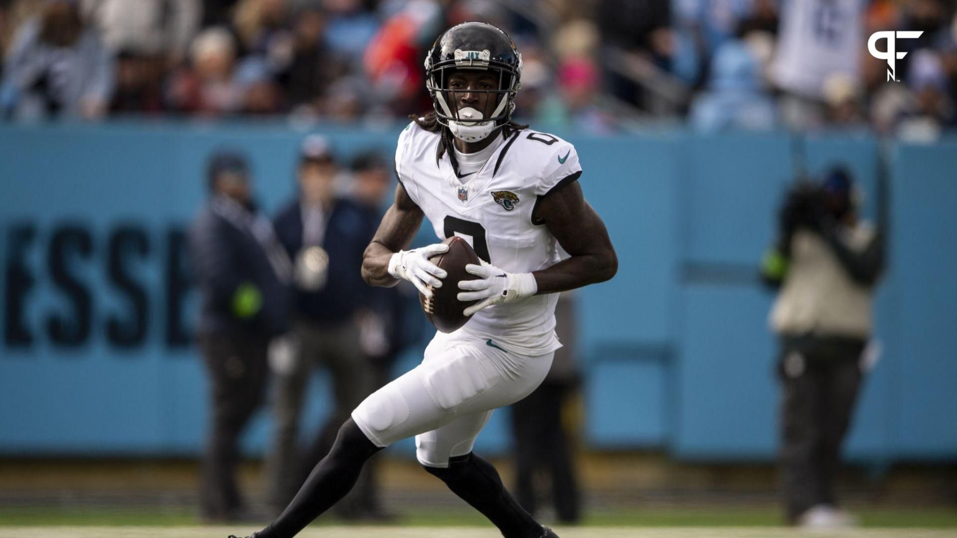 Jacksonville Jaguars wide receiver Calvin Ridley (0) celebrates after scoring a touchdown against the Tennessee Titans during the first half at Nissan Stadium.