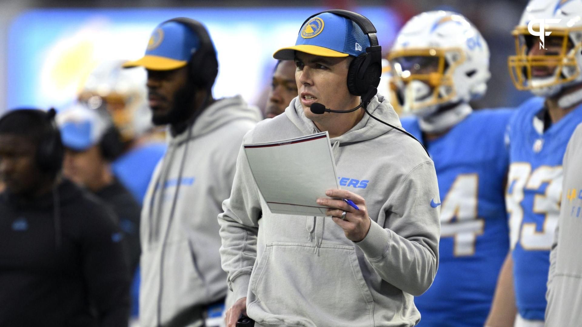 Los Angeles Chargers offensive coordinator Kellen Moore looks on during the second half against the Kansas City Chiefs at SoFi Stadium.