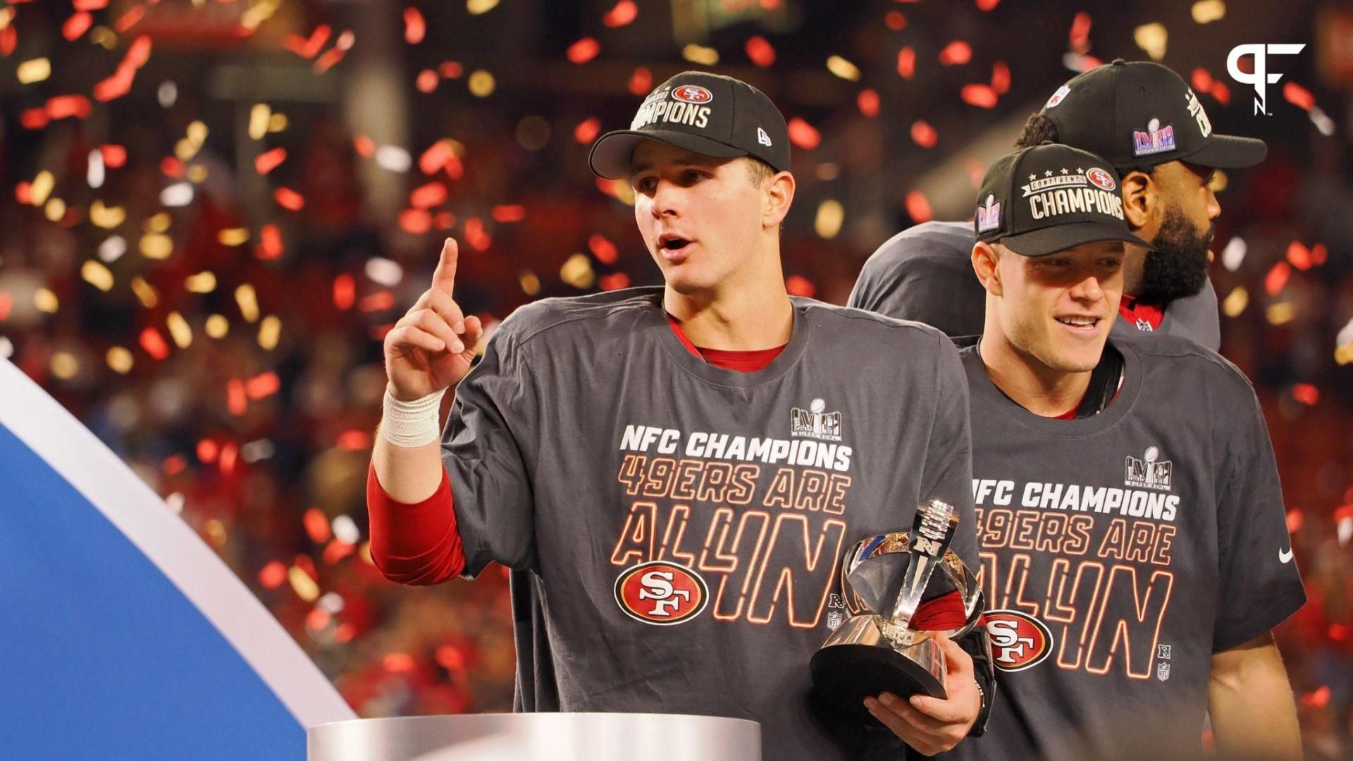 San Francisco 49ers quarterback Brock Purdy (13) celebrates after winning the NFC Championship football game against the Detroit Lions at Levi's Stadium.