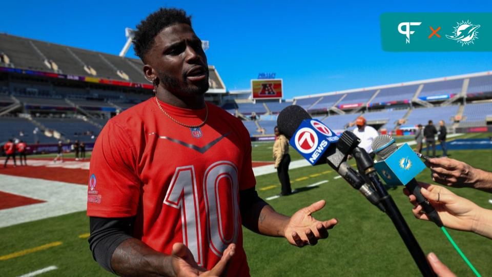 Miami Dolphins WR Tyreek Hill (10) talks to the media at the Pro Bowl Games in Orlando.