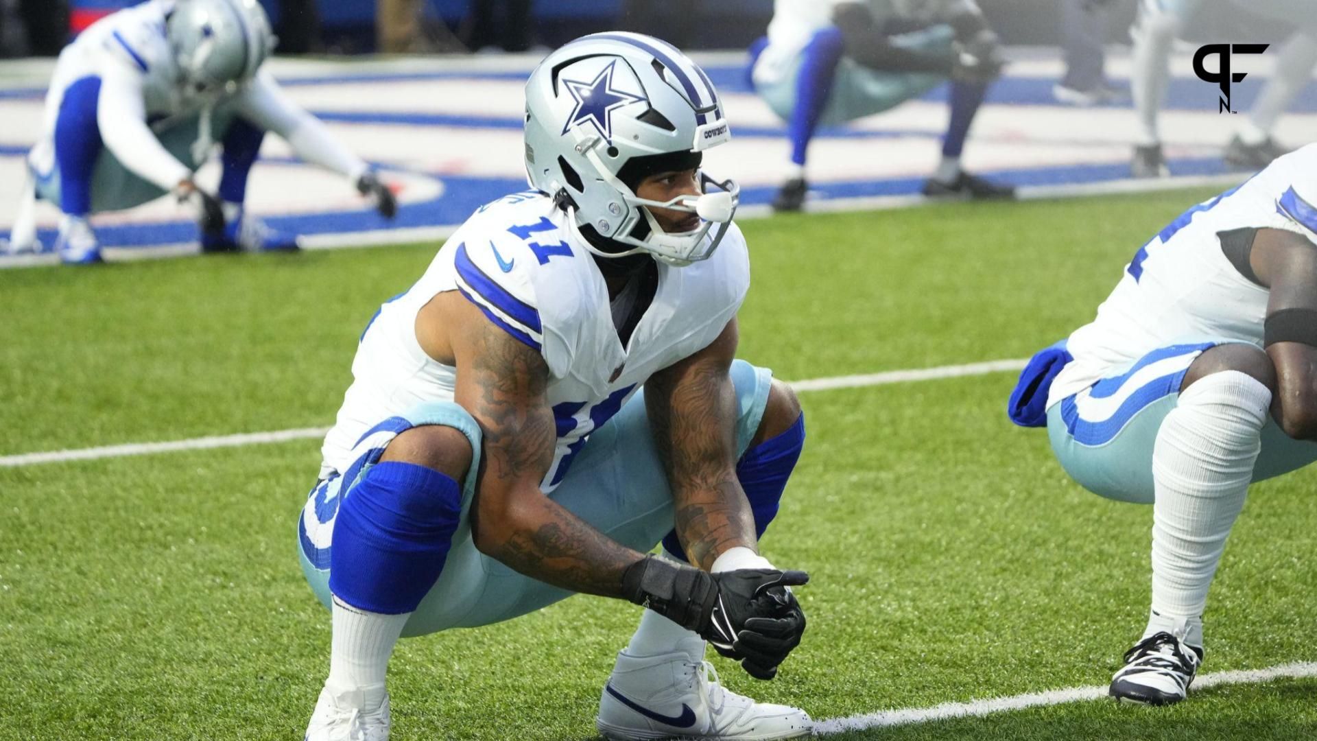 Dallas Cowboys linebacker Micah Parsons (11) warms up before the game against the Buffalo Bills at Highmark Stadium.