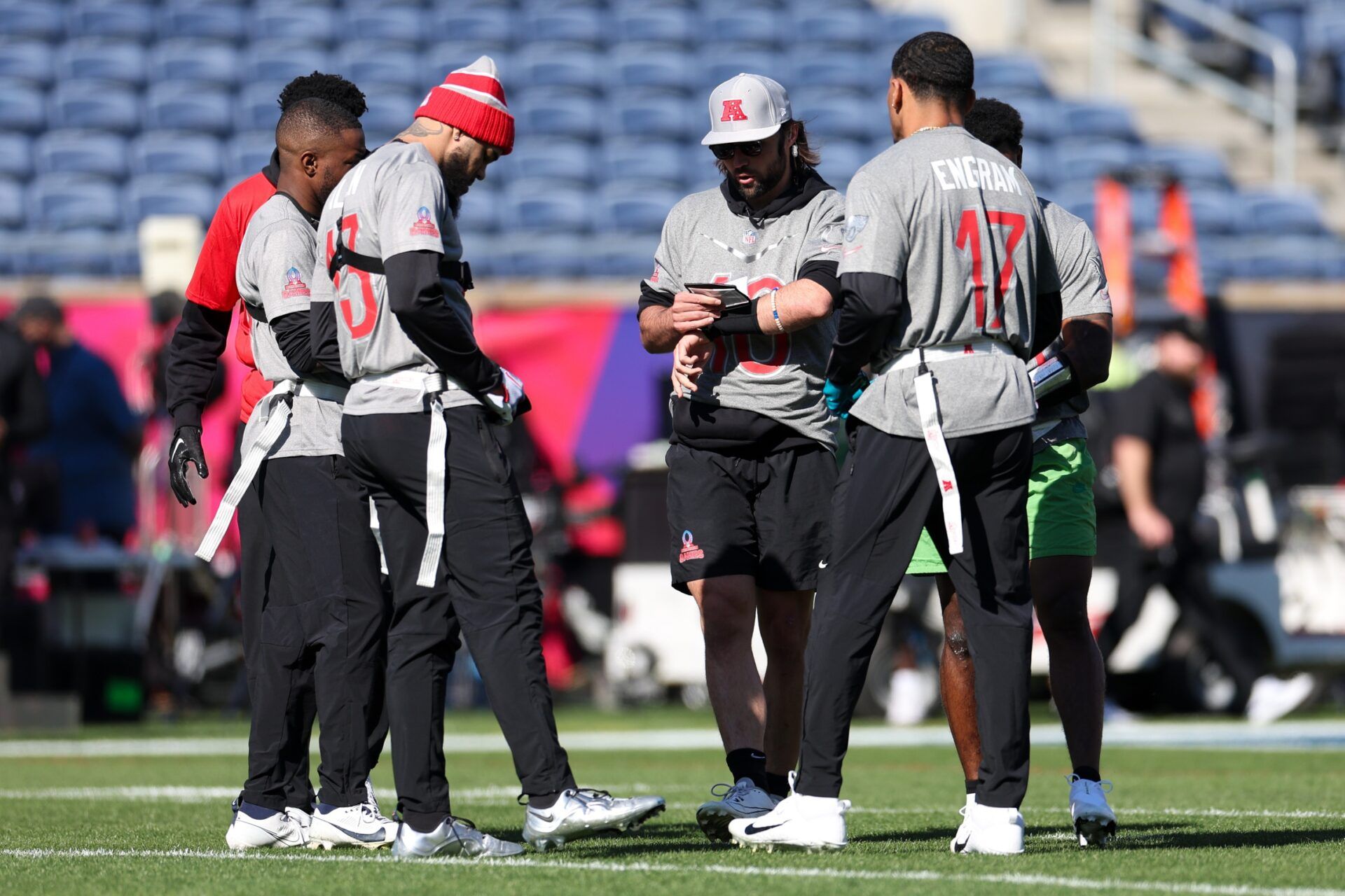 AFC players at the Pro Bowl in Orlando, Florida, huddle up.