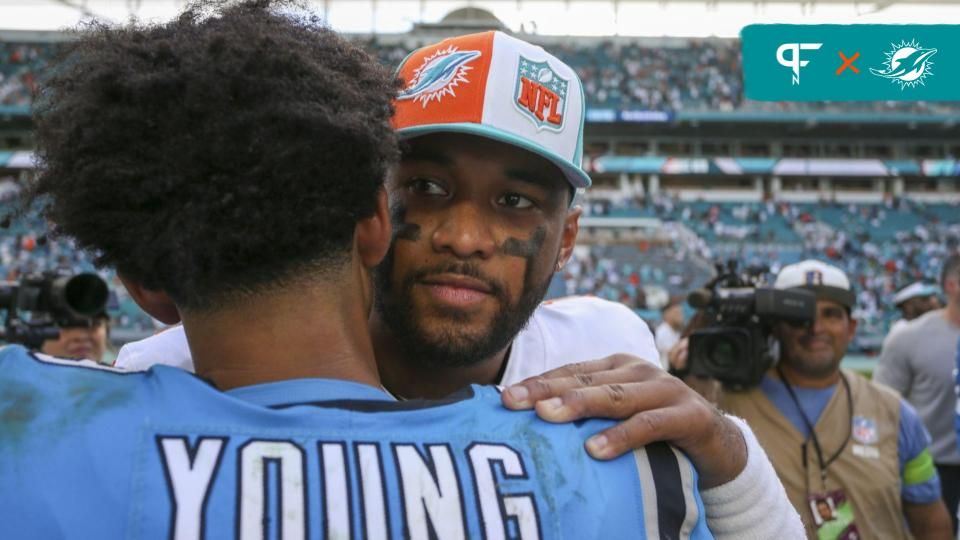 Miami Dolphins quarterback Tua Tagovailoa, right, and Carolina Panthers quarterback Bryce Young (9) hug after the game at Hard Rock Stadium.