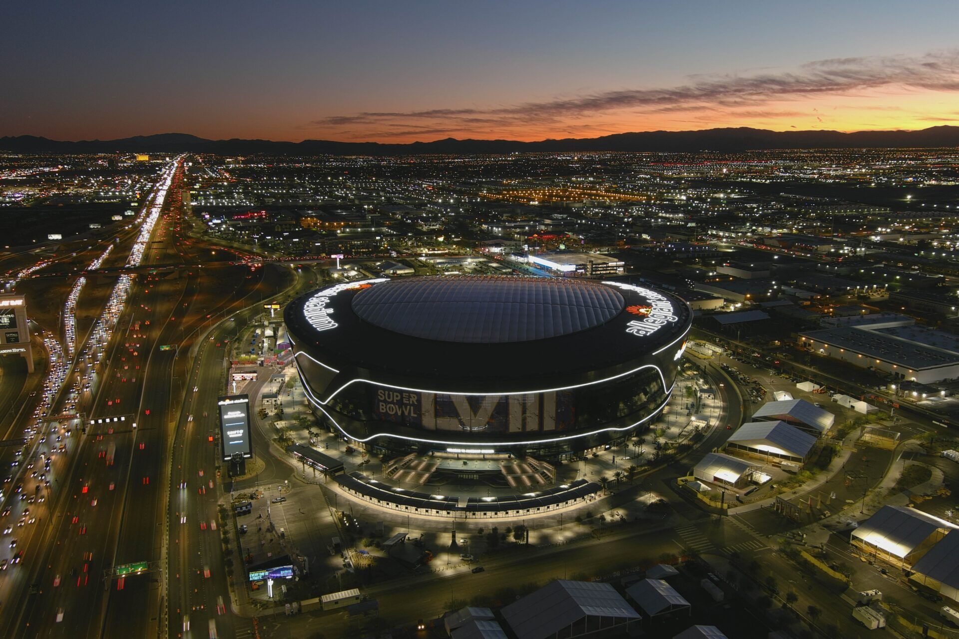 A general overall view of Allegiant Stadium, the site of Super Bowl LVIII between the San Francisco 49ers and Kansas City Chiefs.