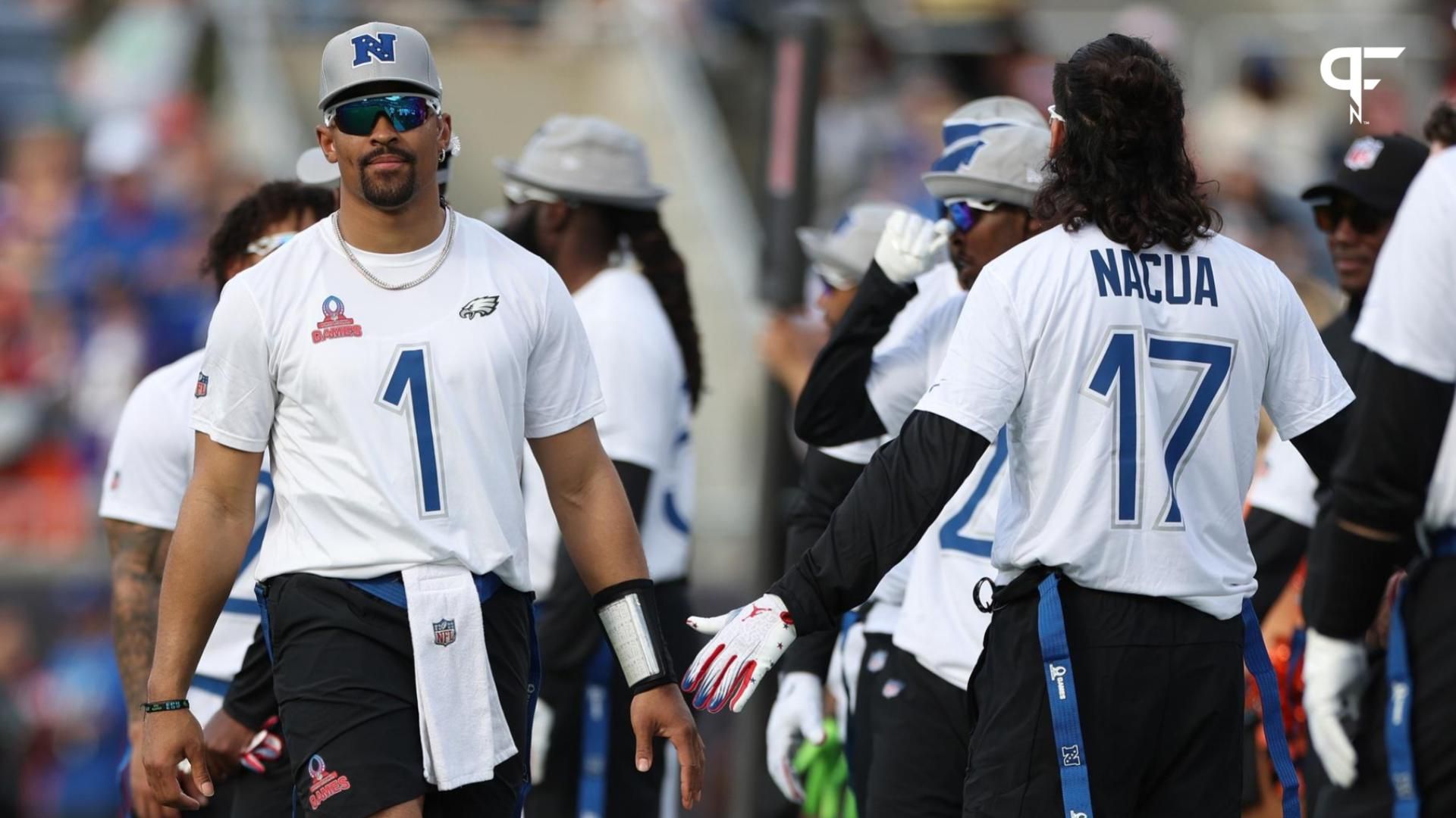 NFC quarterback Jalen Hurts (1) of the Philadelphia Eagles during the 2024 Pro Bowl at Camping World Stadium.