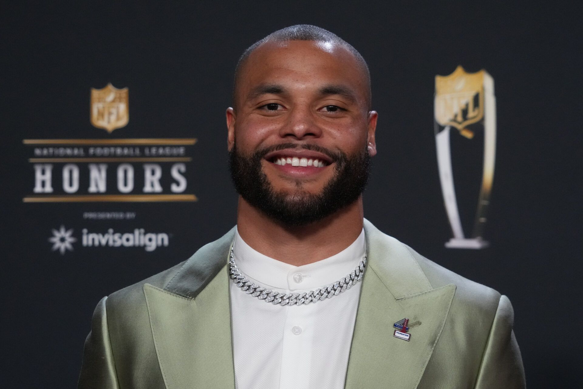 Dallas Cowboys quarterback Dak Prescott poses for a photo on the red carpet before the NFL Honors award show at Symphony Hall.