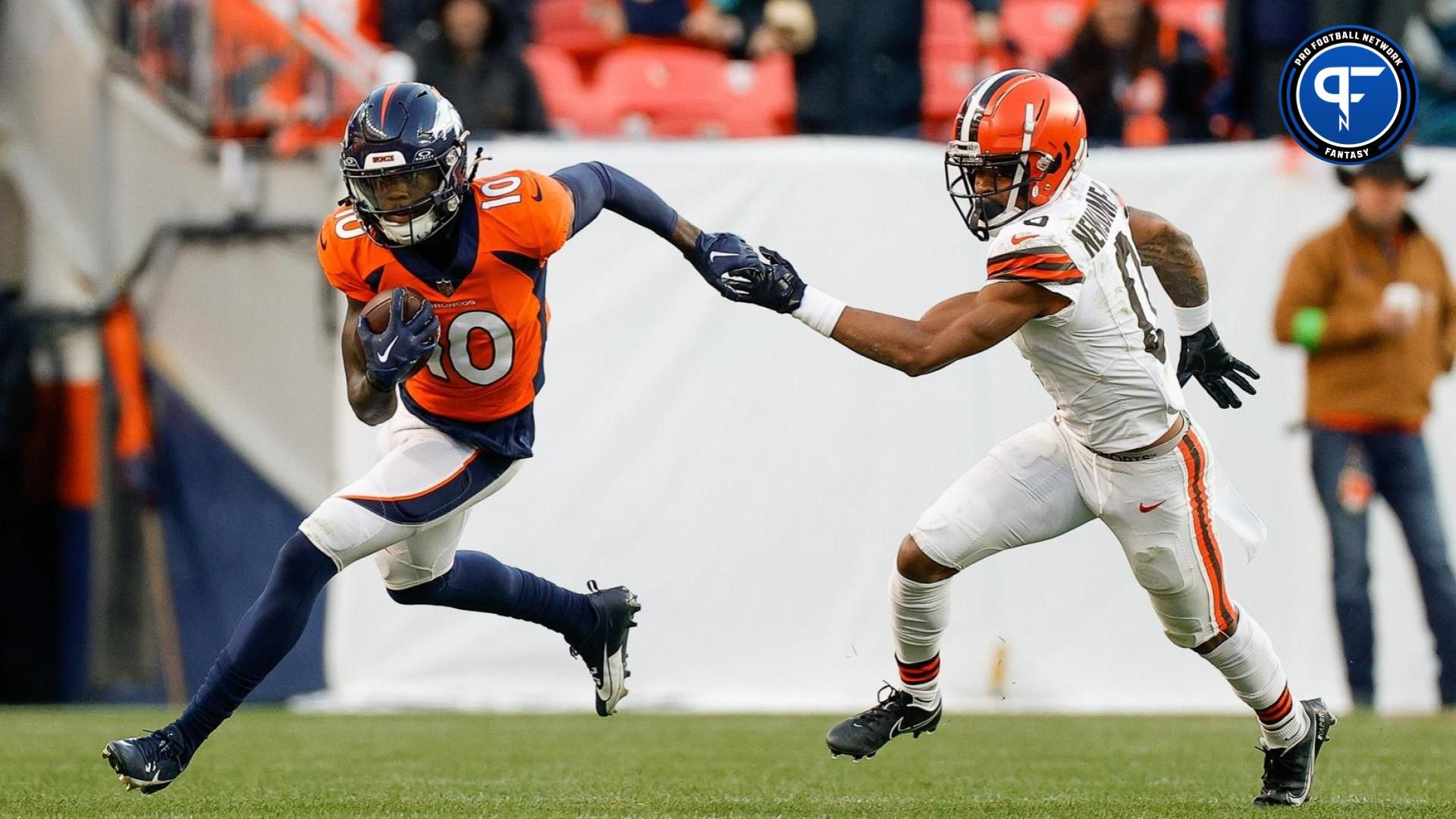 Denver Broncos wide receiver Jerry Jeudy (10) runs the ball against Cleveland Browns cornerback Greg Newsome II (0) in the third quarter at Empower Field at Mile High.