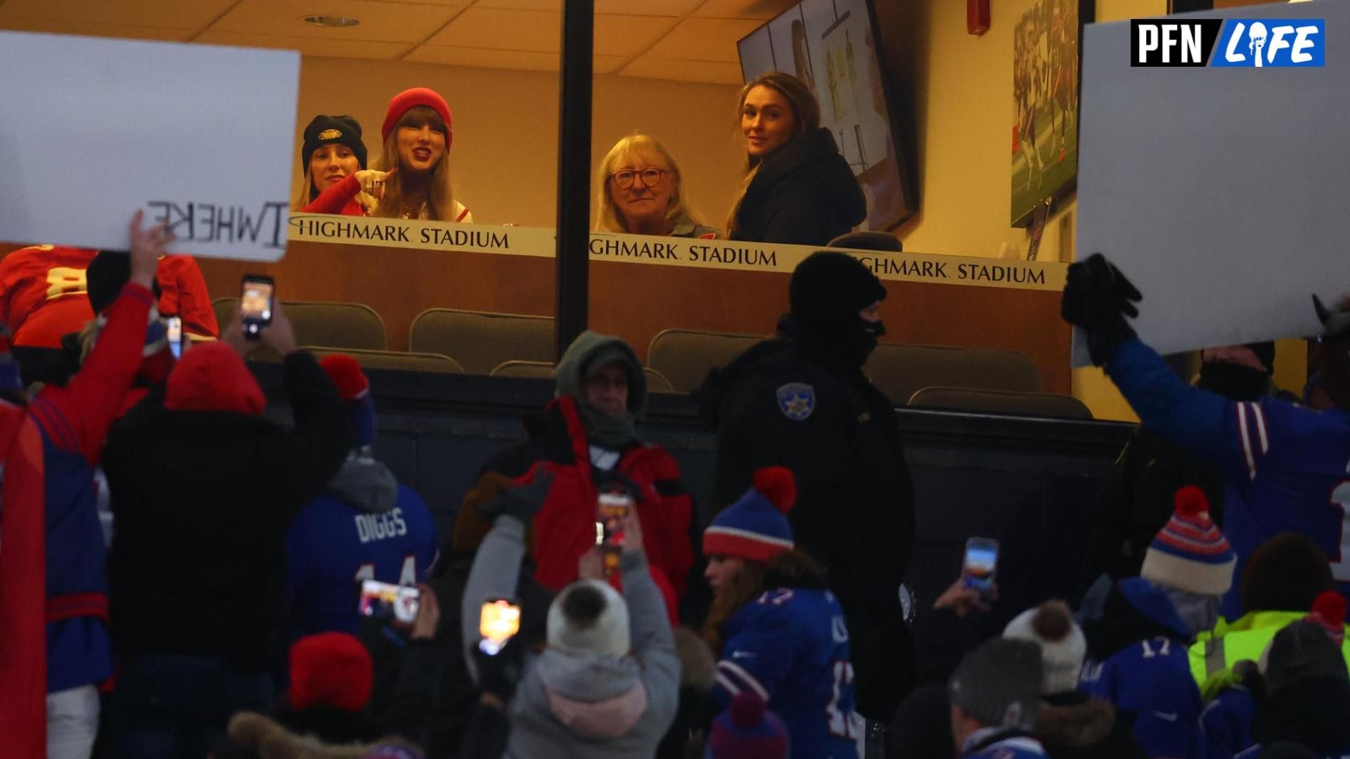 Taylor Swift, Donna Kelce, and Kylie Kelce in a suite at the Divisional Round matchup between the Kansas City Chiefs and Buffalo Bills.