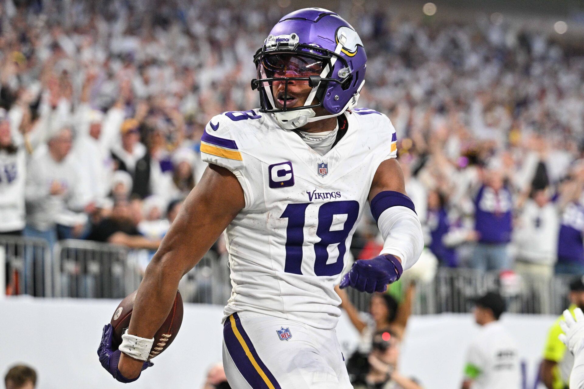 Minnesota Vikings wide receiver Justin Jefferson (18) reacts after scoring a touchdown during the second quarter against the Detroit Lions at U.S. Bank Stadium.