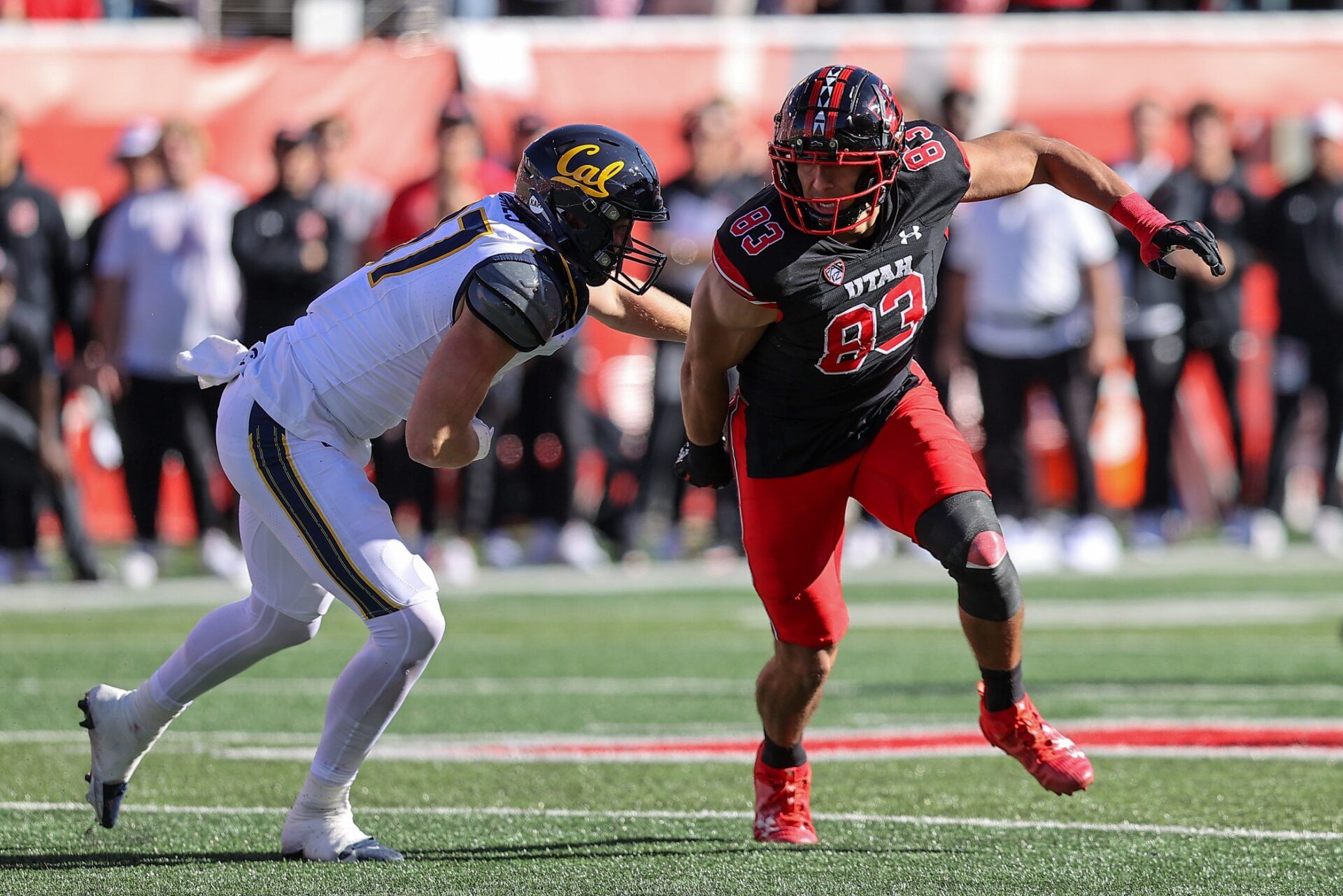 Utah Utes defensive end Jonah Elliss (83) plays against California Golden Bears offensive lineman Everett Johnson (77) in the second half at Rice-Eccles Stadium.