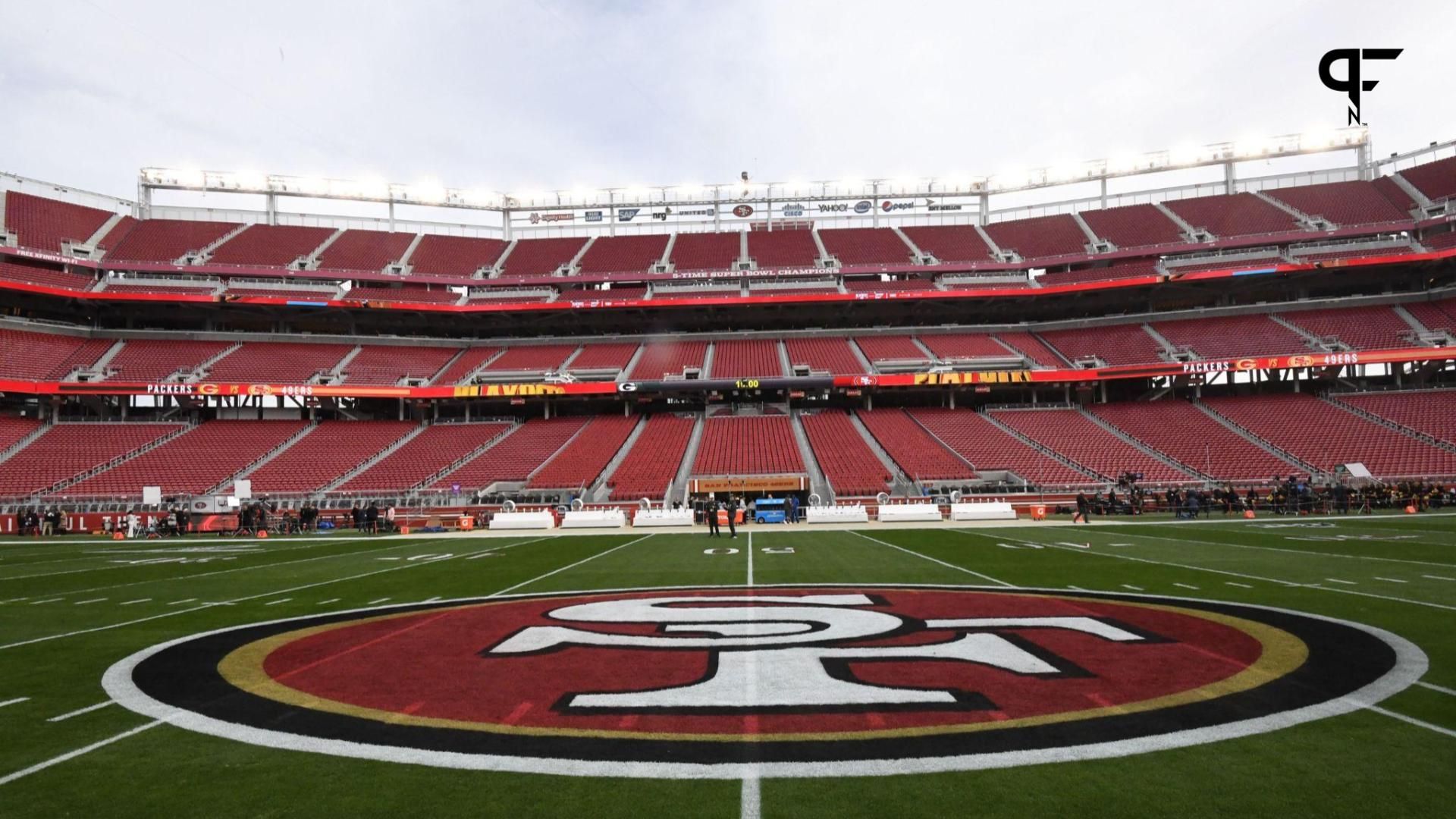 A general view of the 49ers logo on the field before the NFC Championship Game between the San Francisco 49ers and Green Bay Packers at Levi's Stadium.