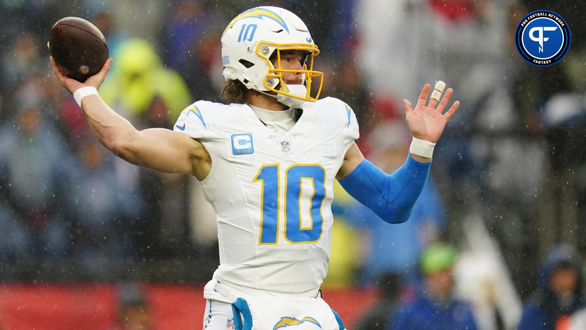 Los Angeles Chargers quarterback Justin Herbert (10) throws a pass against the New England Patriots in the first quarter at Gillette Stadium.