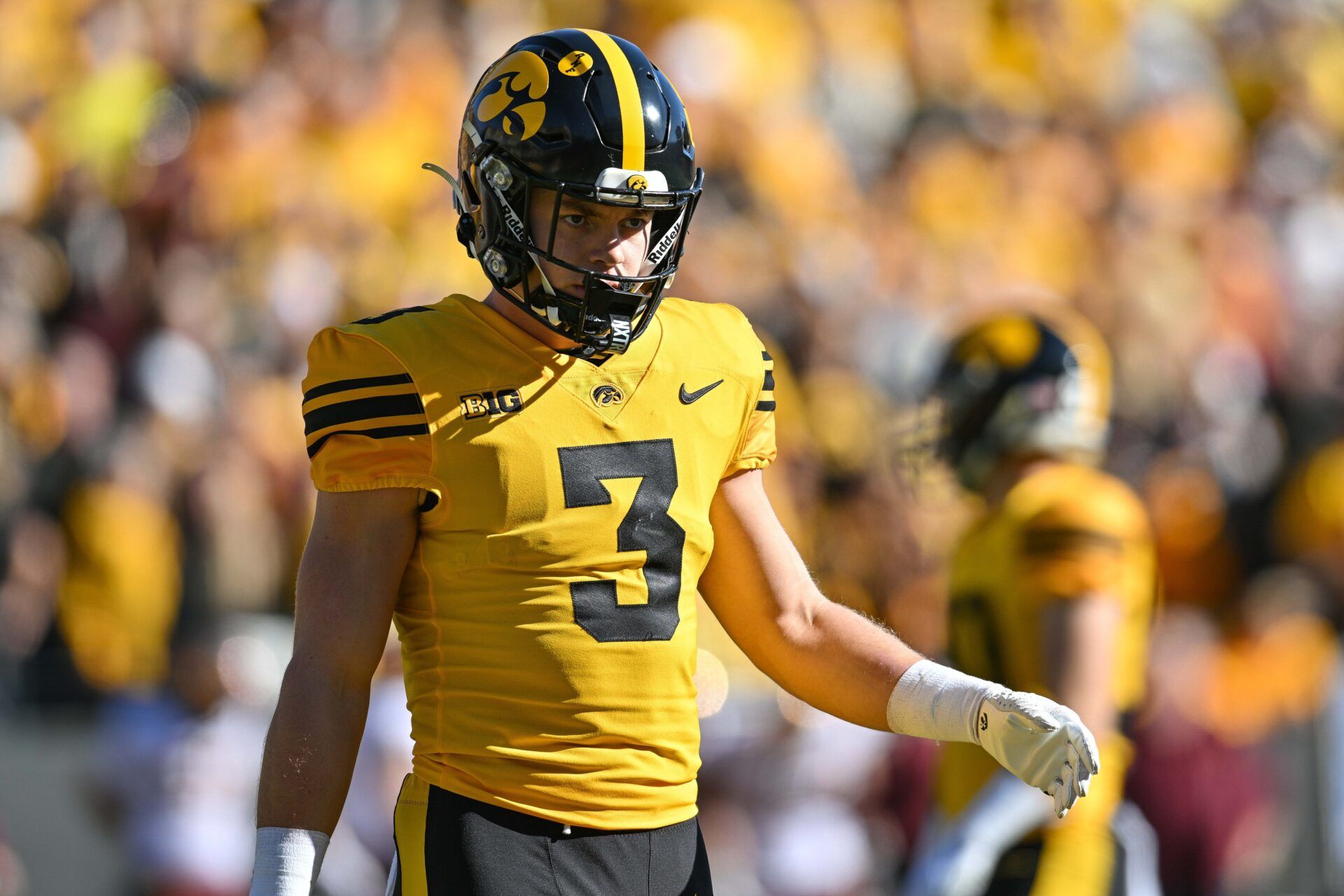 Iowa Hawkeyes defensive back Cooper DeJean (3) looks on during the game against the Minnesota Golden Gophers at Kinnick Stadium.