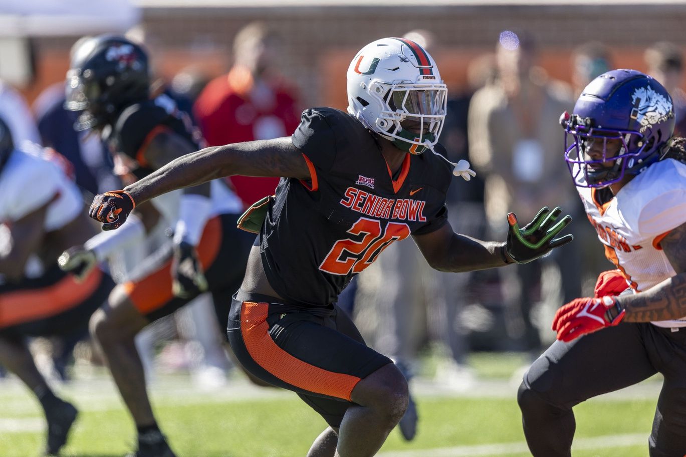 American linebacker James Williams of Miami (20) defends in the passing drills during practice for the American team at Hancock Whitney Stadium.