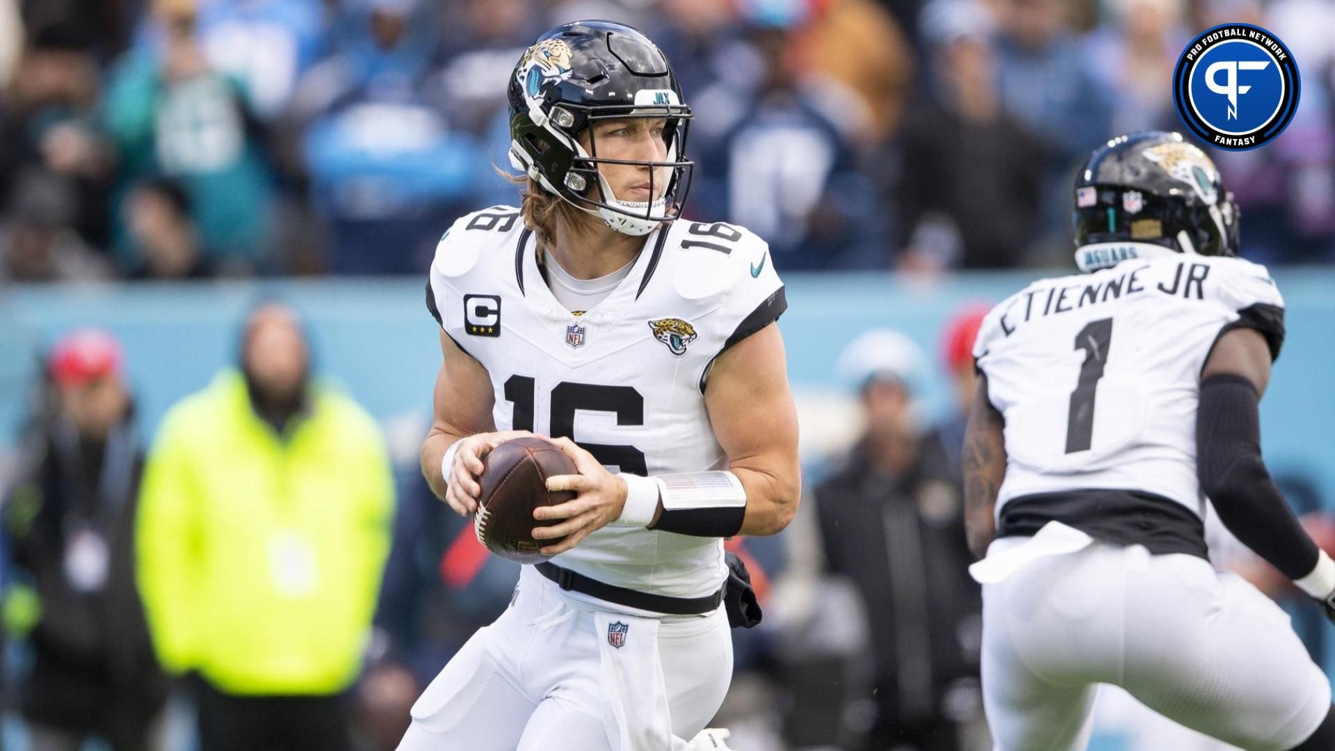 Jacksonville Jaguars quarterback Trevor Lawrence (16) stands in the pocket against the Tennessee Titans during the first half at Nissan Stadium.