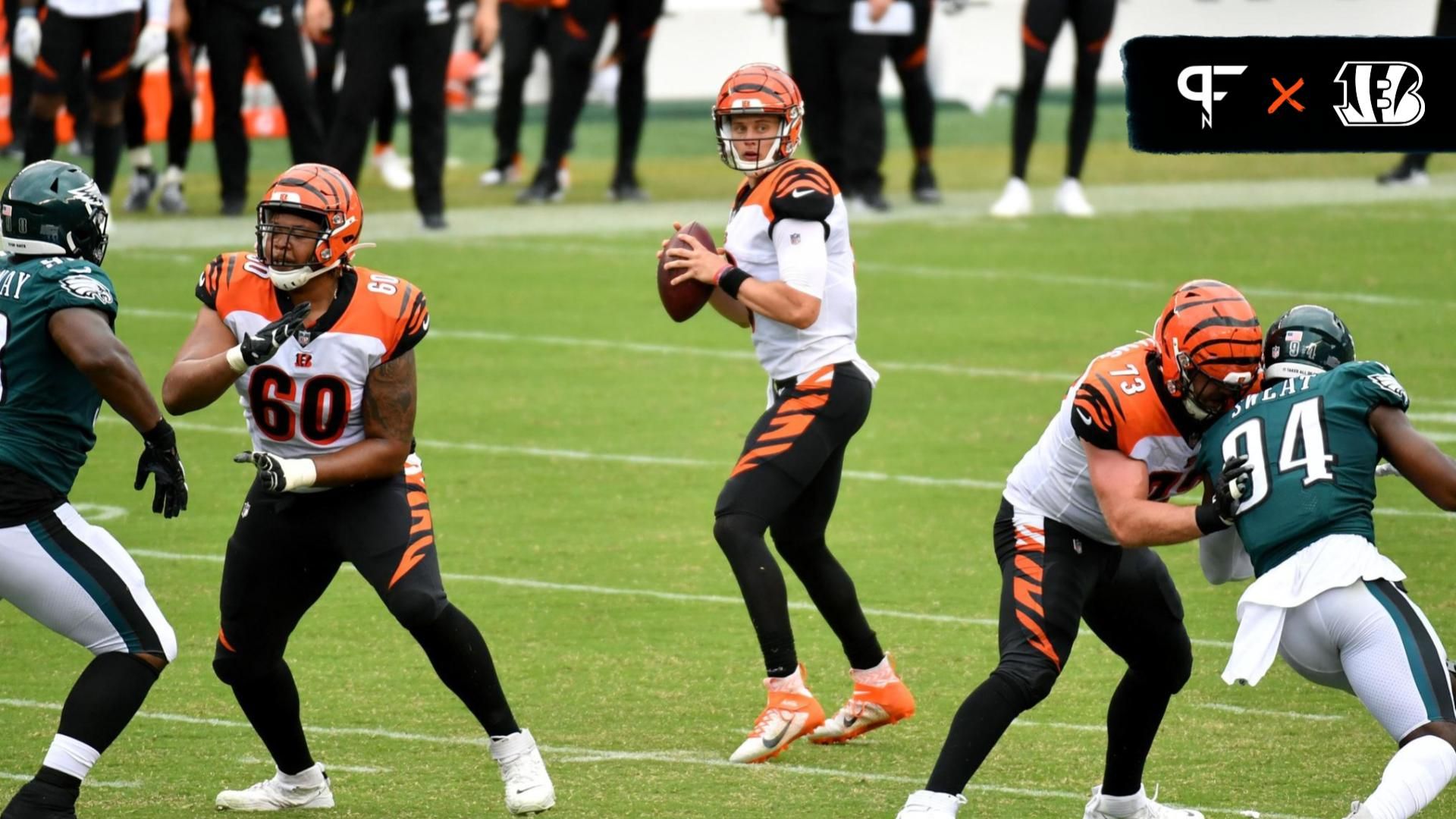 Cincinnati Bengals offensive guard Mike Jordan (60) and offensive tackle Jonah Williams (73) block for Cincinnati Bengals quarterback Joe Burrow (9) against the Philadelphia Eagles during the fourth quarter at Lincoln Financial Field.