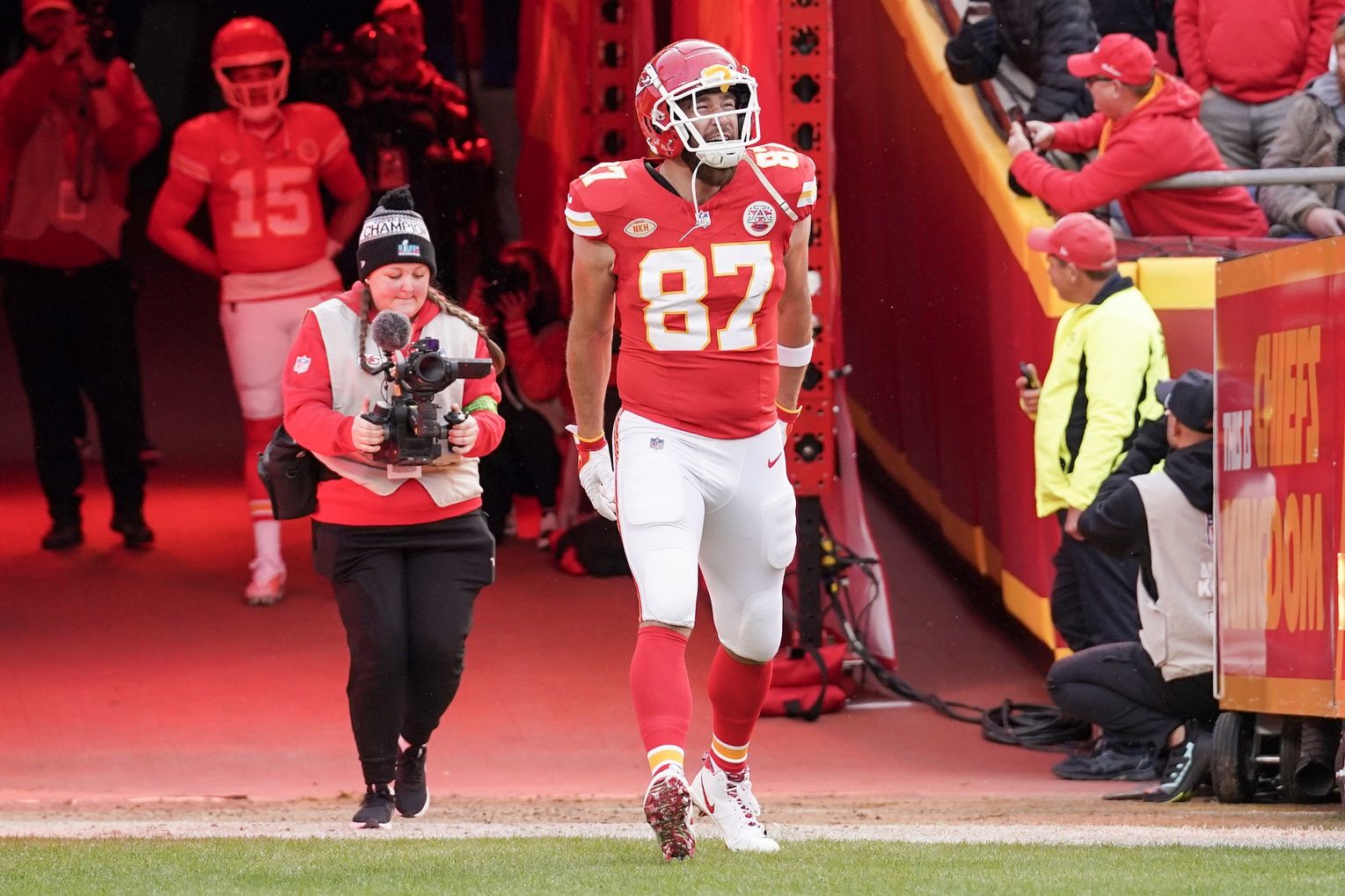 Kansas City Chiefs tight end Travis Kelce (87) is introduced against the Buffalo Bills prior to a game at GEHA Field at Arrowhead Stadium.