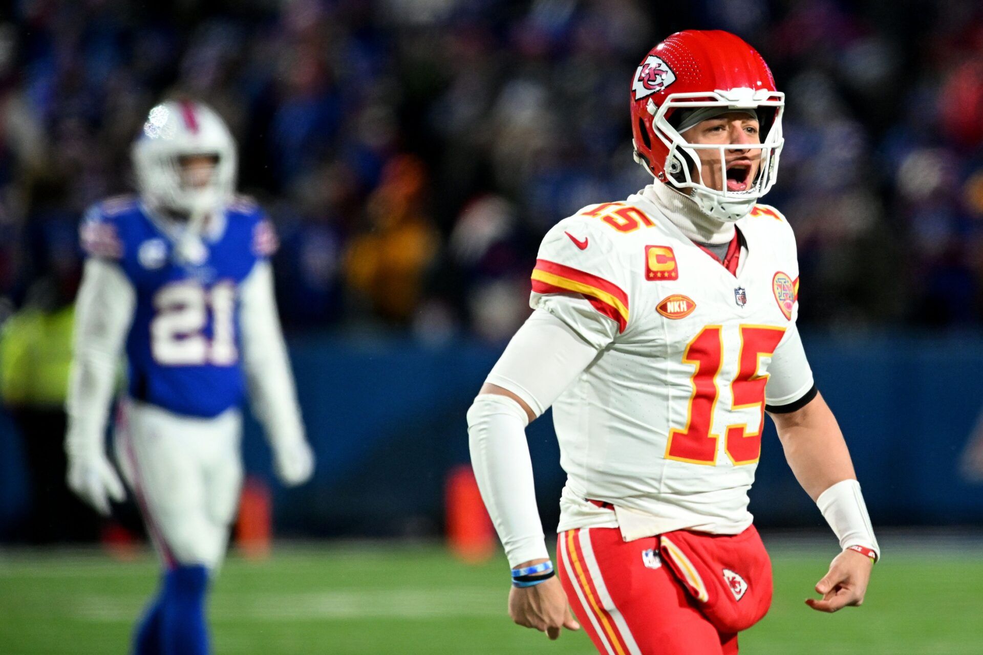 Kansas City Chiefs quarterback Patrick Mahomes (15) reacts against the Buffalo Bills in the second half of the 2024 AFC divisional round game at Highmark Stadium.