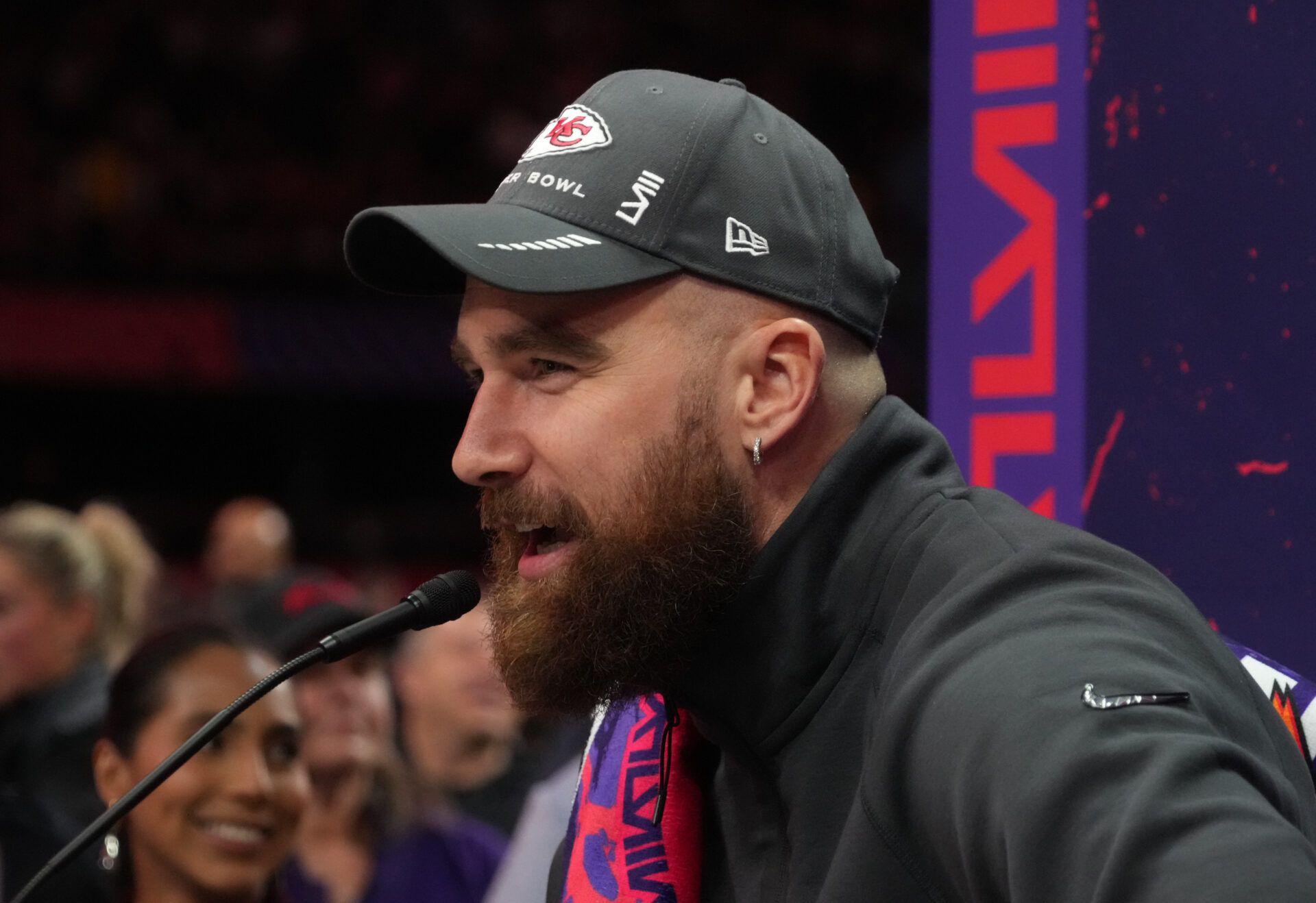 Kansas City Chiefs tight end Travis Kelce (87) during Super Bowl LVIII Opening Night at Allegiant Stadium.