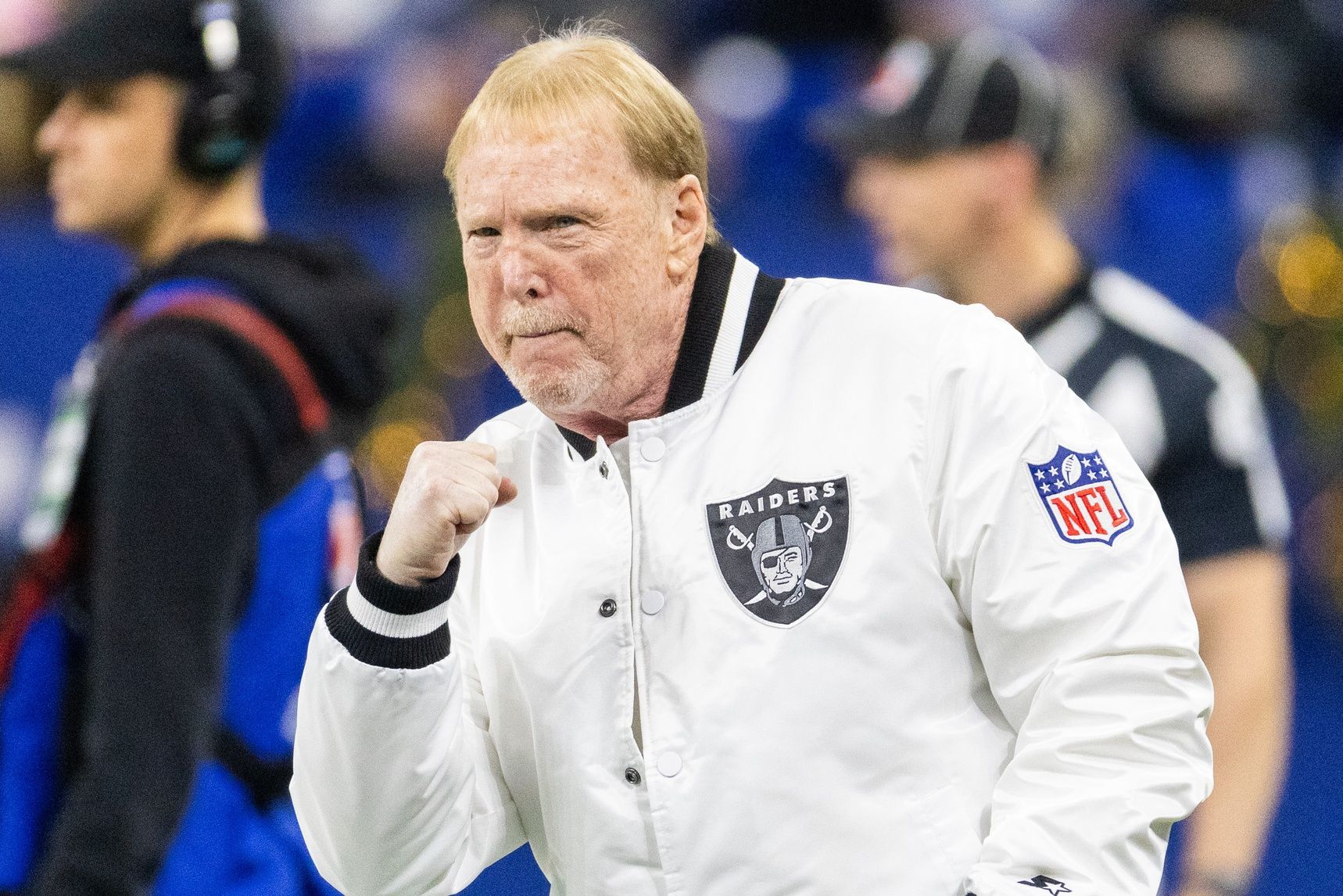 Las Vegas Raiders owner Mark Davis during warmups against the Indianapolis Colts at Lucas Oil Stadium.