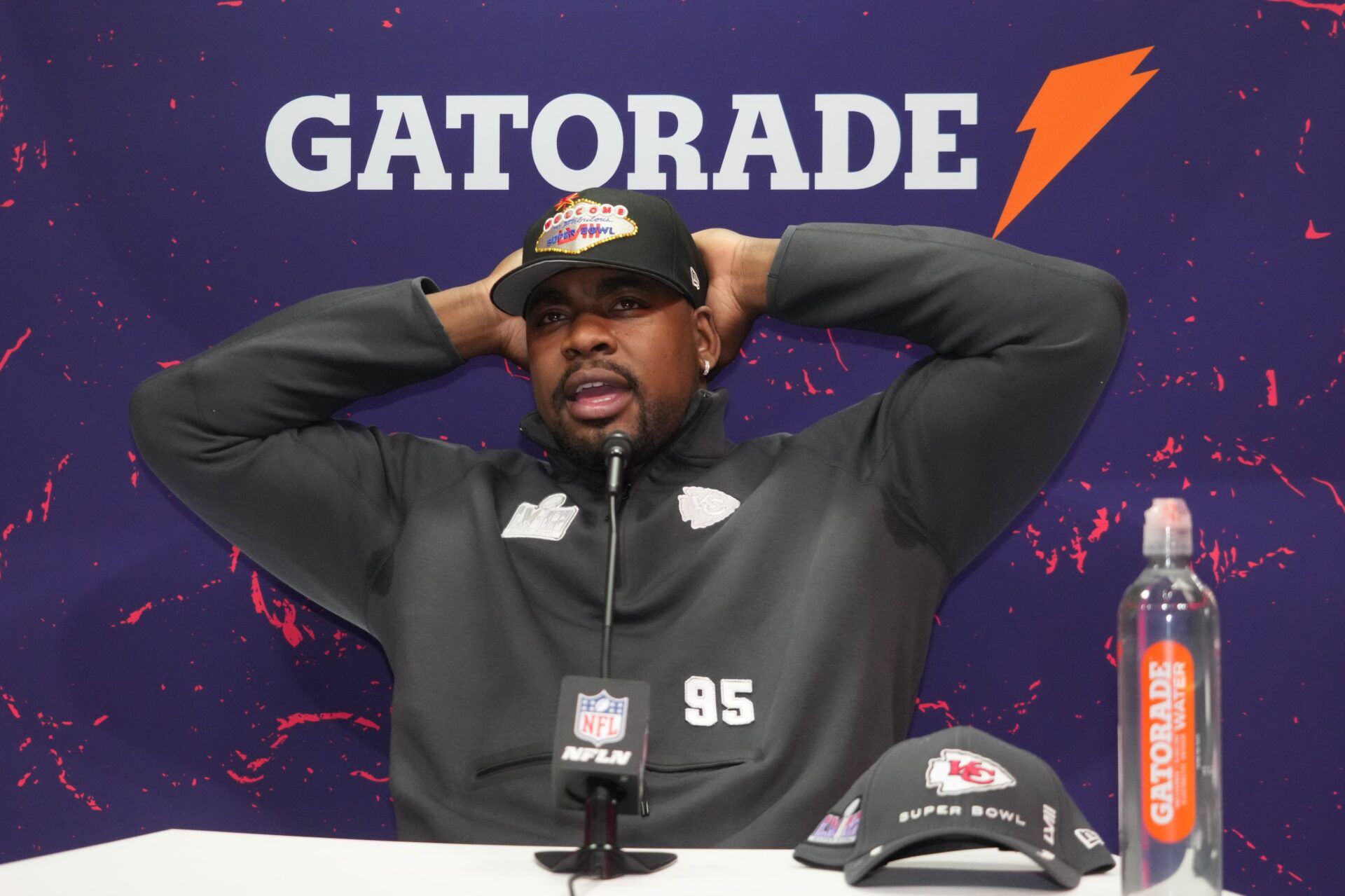 Kansas City Chiefs defensive tackle Chris Jones (95) during Super Bowl LVIII Opening Night at Allegiant Stadium.