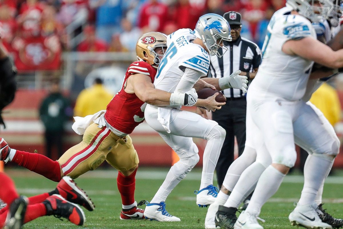 Lions quarterback Jared Goff is sacked by 49ers defensive end Nick Bosa during the first half of the NFC championship game at Levi's Stadium in Santa Clara, California, on Sunday, Jan. 28, 2024.