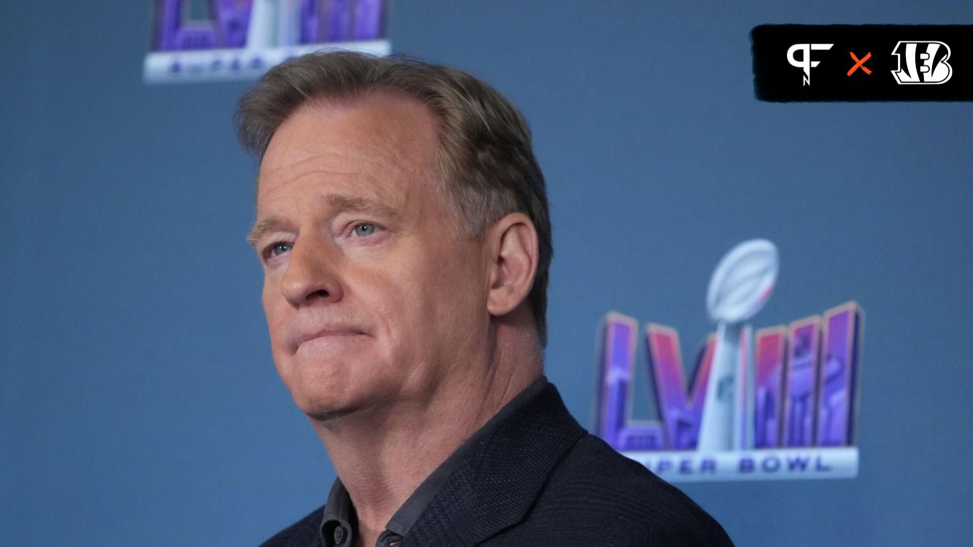 NFL commissioner Roger Goodell speaks at a press conference in advance of Super Bowl LVIII between the Kansas City Chiefs and San Francisco 49ers at Allegiant Stadium.