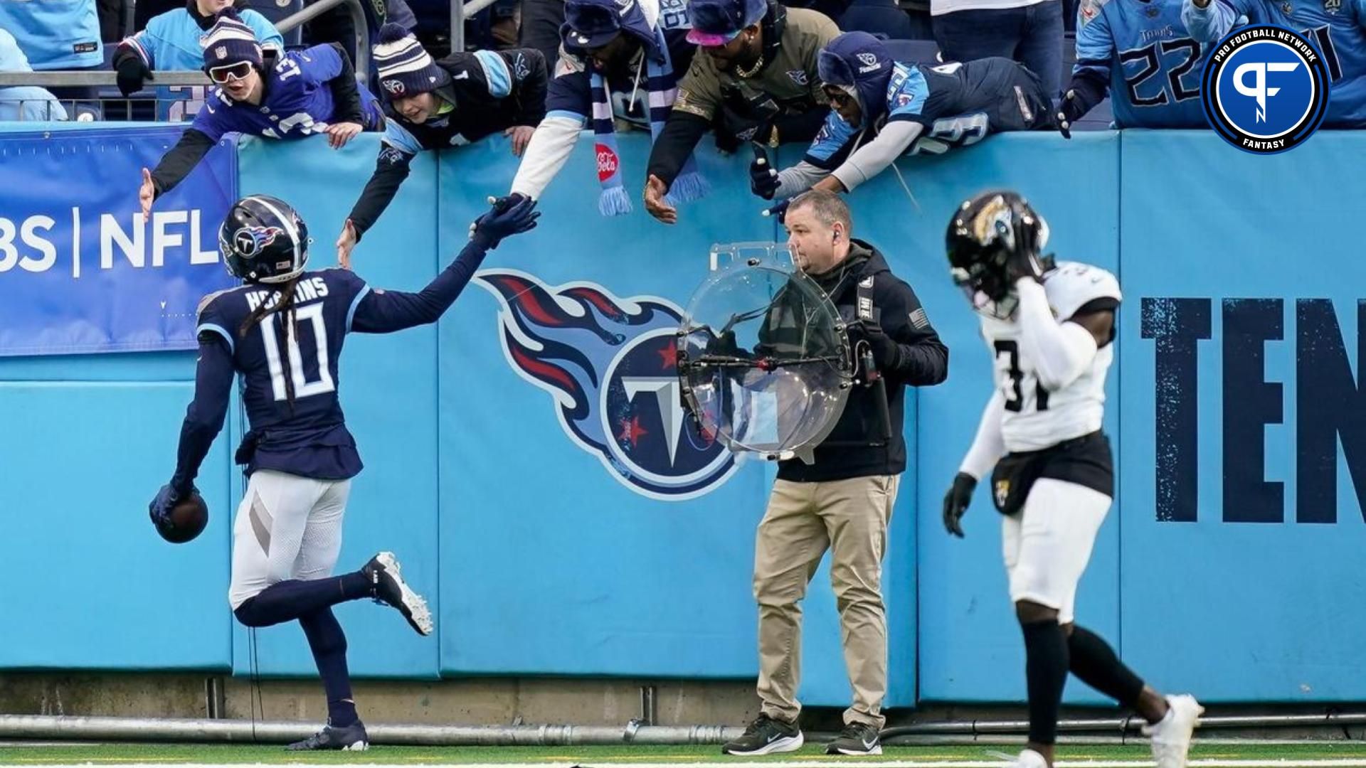 Tennessee Titans wide receiver DeAndre Hopkins (10) celebrates his touchdown against the Jacksonville Jaguars during the third quarter at Nissan Stadium in Nashville, Tenn., Sunday, Jan. 7, 2024.